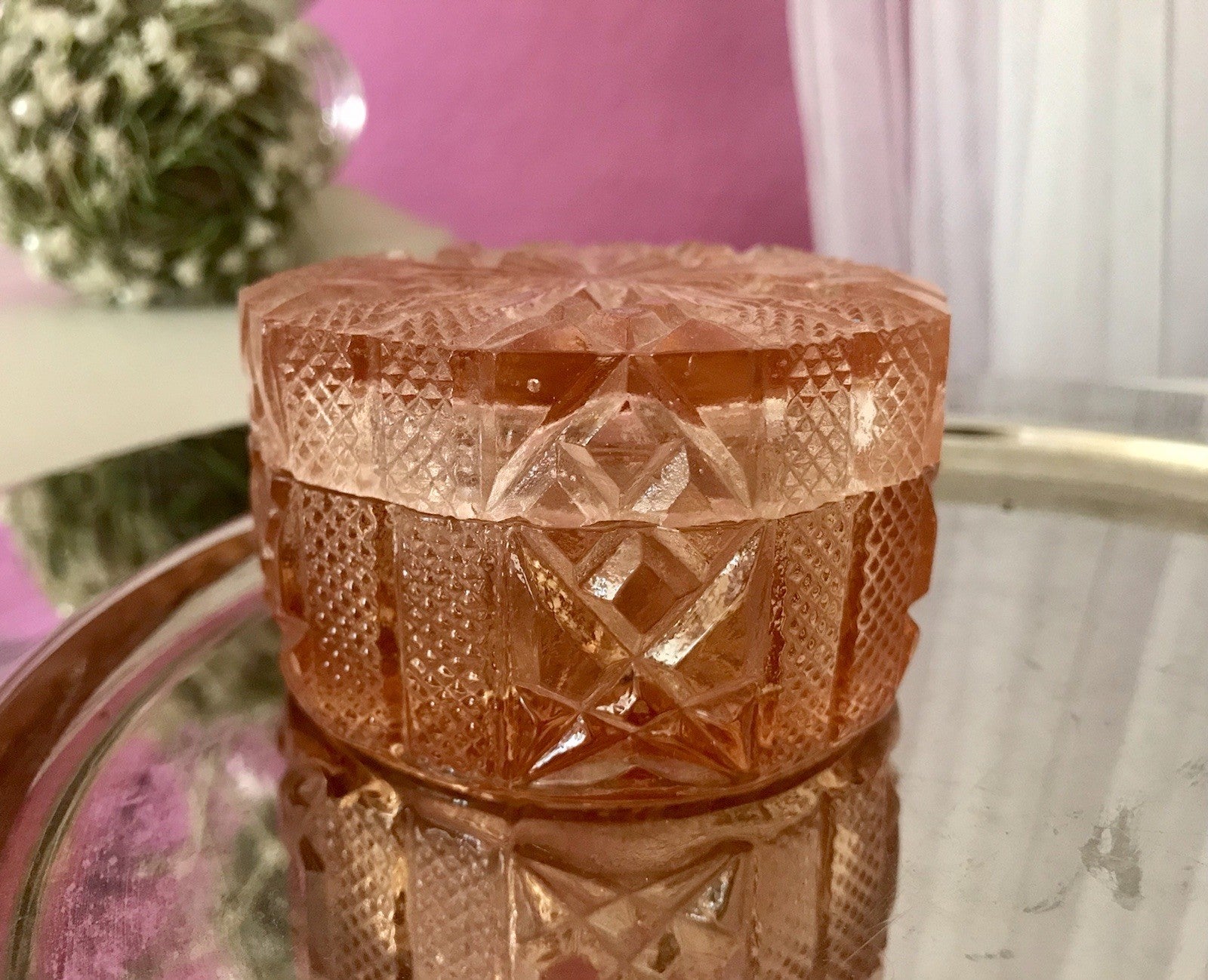 Antik Art Déco Dose Deckeldose Zierdose Pressglas Rosalin rosa Glas