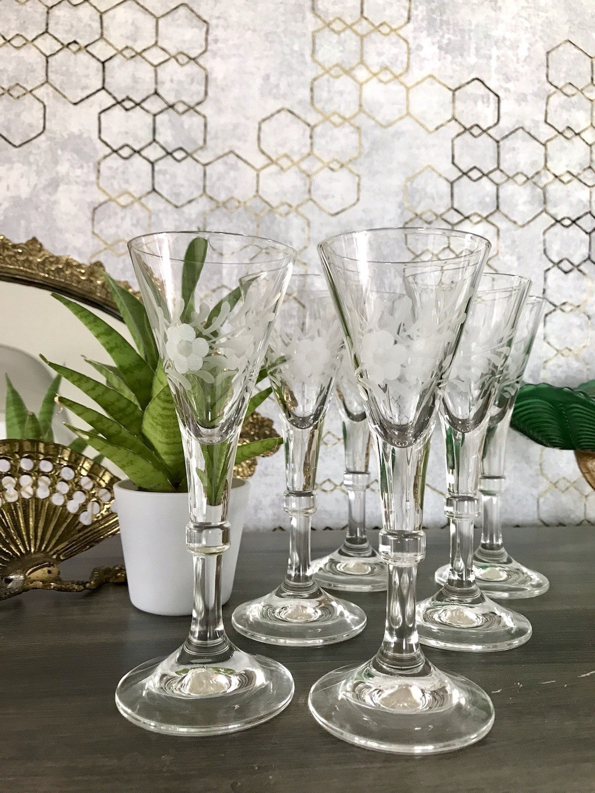 Antik Alt 6 Cherrygläser Gläser Kristallglas graviert