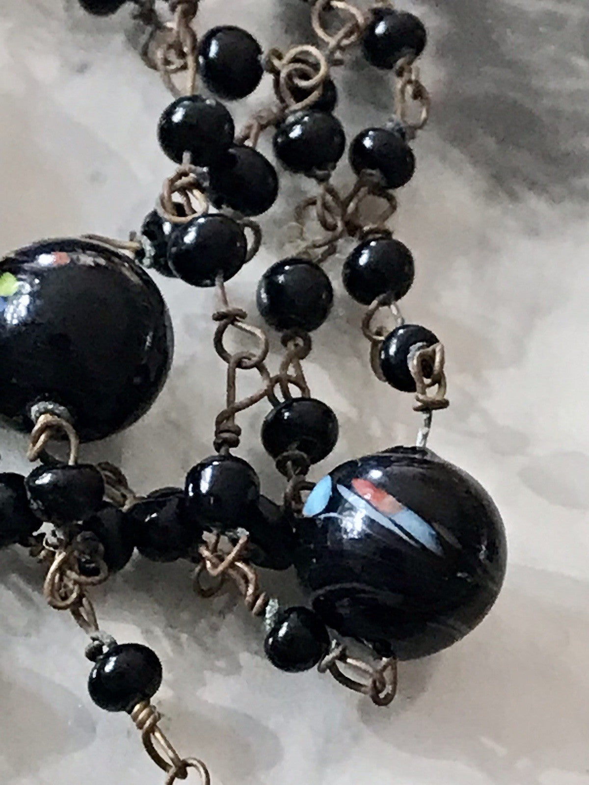 Alt antik? Vintage lange Halskette Kette schwarze Murano Perlen Sehr Schön