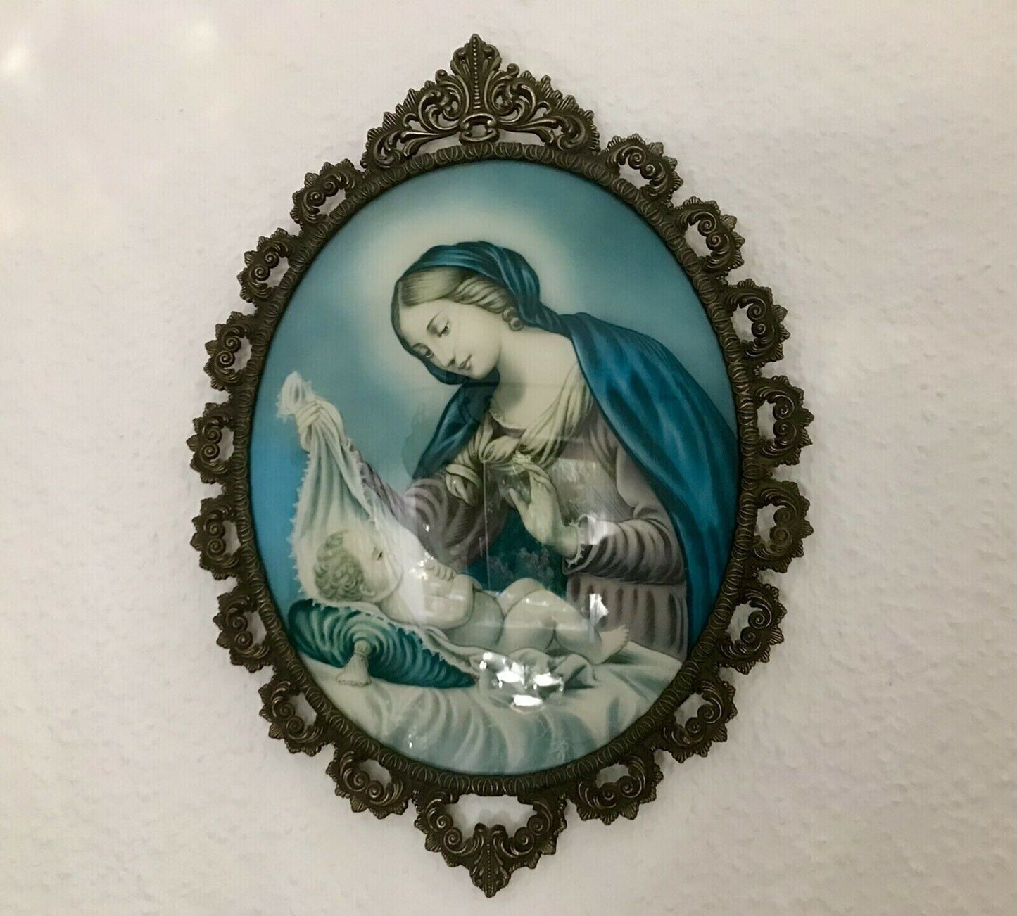 Alt Vintage Bilderrahmen Messing ? Guss ? Votivbild gewölbtes Glas Madonna&Jesus