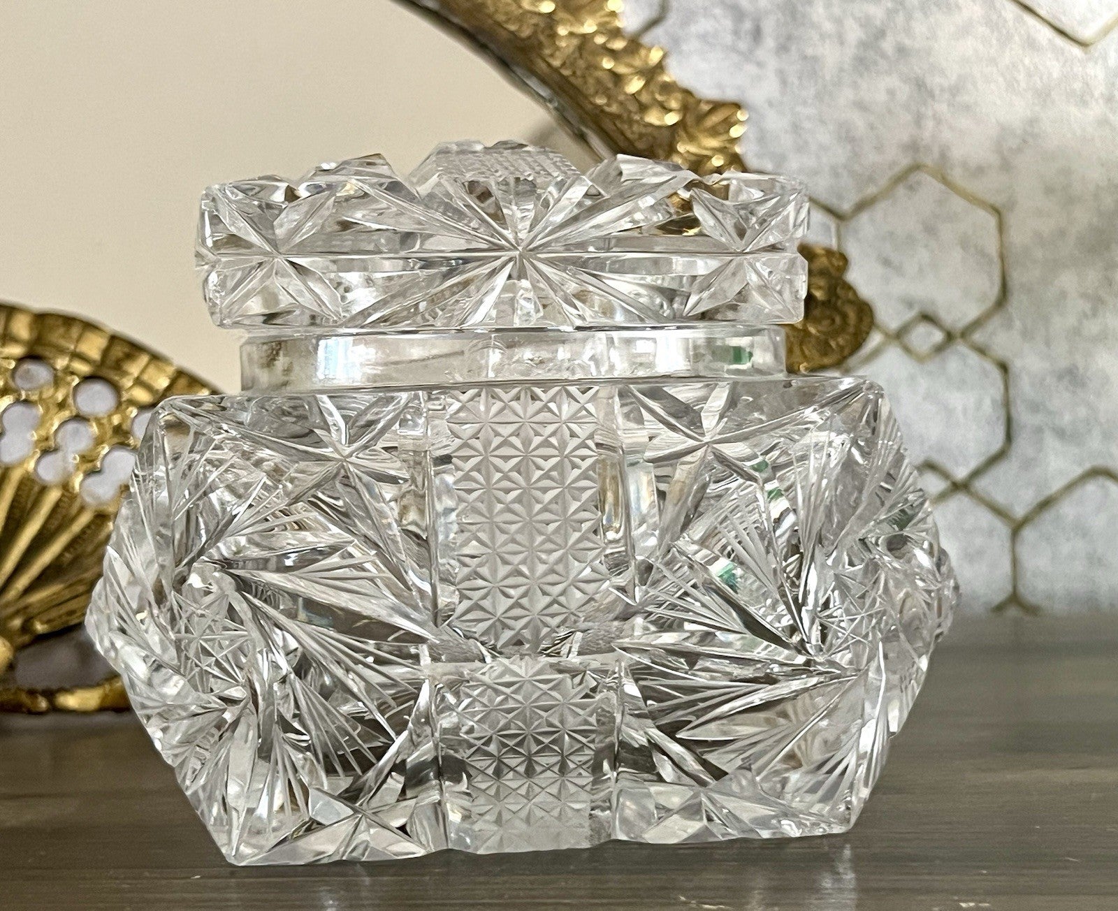 Antik Vintage Art Deco EDEL Glasdose Deckeldose Schatulle Kristallglas Schliff