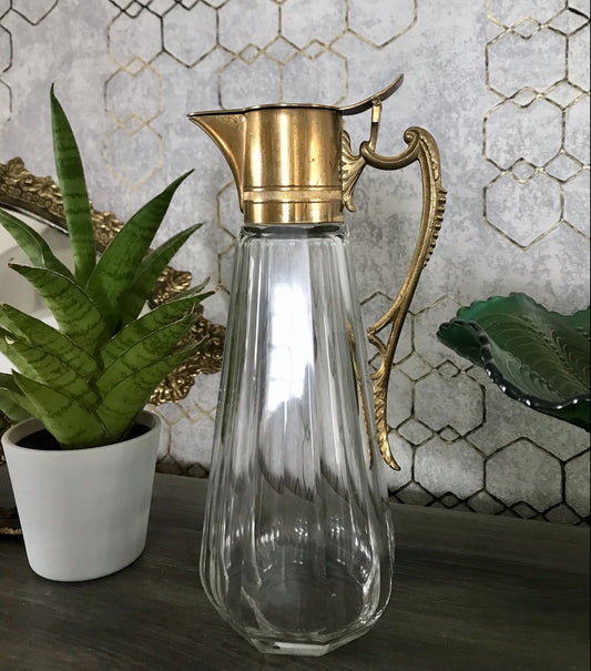 Antik Karaffe Dekanter Messing vergoldet? Metallmontur Glas Flächenschliff Edel!
