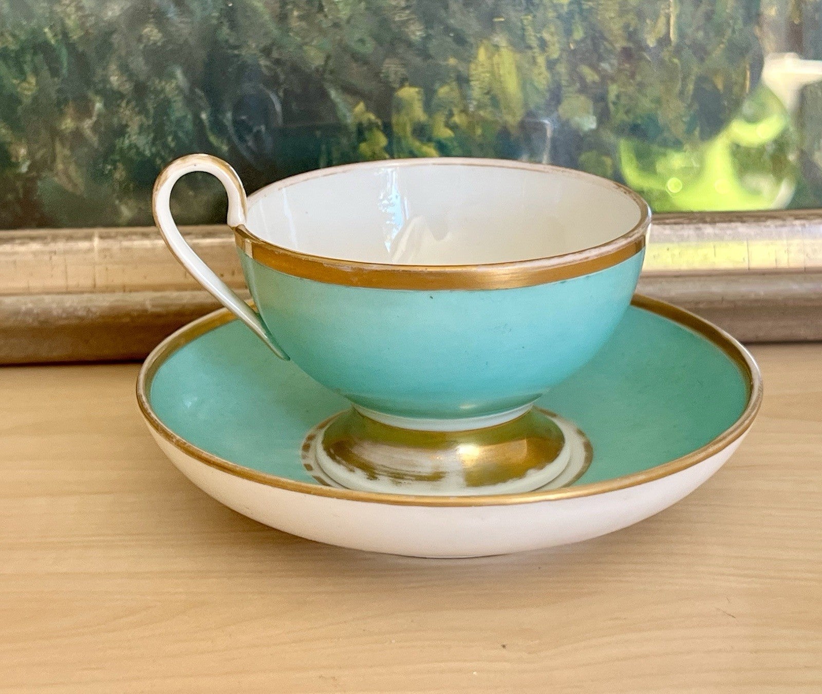 Antik Biedermeier Porzellan Kaffeegedeck Tasse Teetasse schön weiß türkis gold!