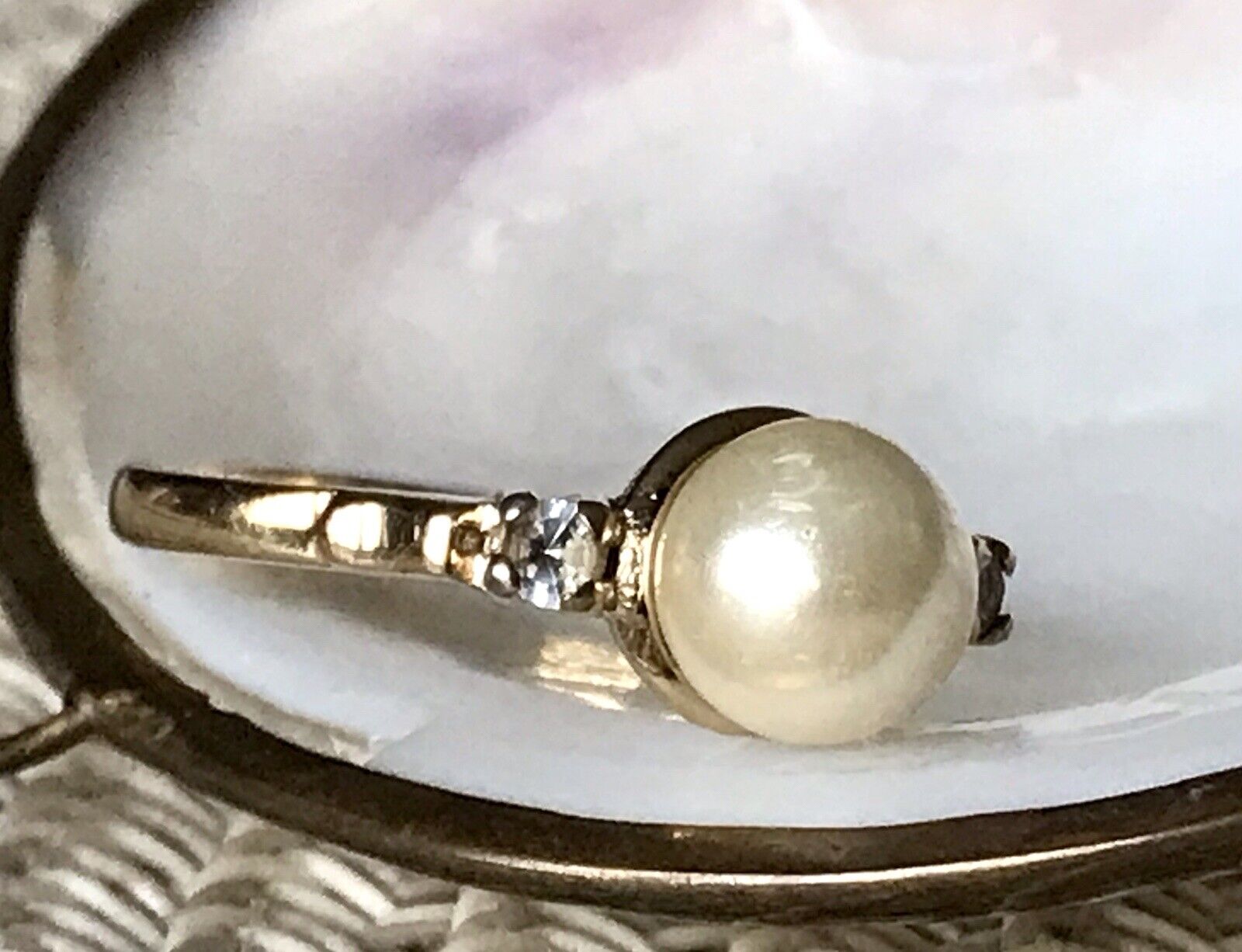 Antik Alt Edel DAMEN RING Silber 925 Perle farblose Steine Gr.58 18,4 vergoldet