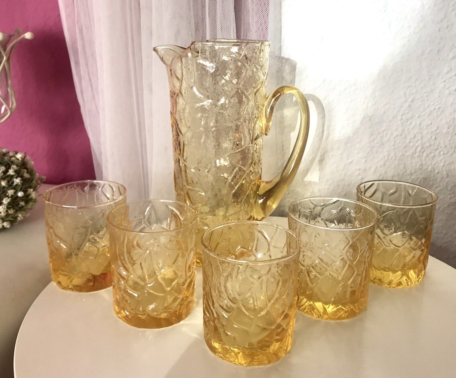 Vintage Designer 60er 70er Krug Kanne Karaffe 5 Becher gelb Glas Reptil Struktur