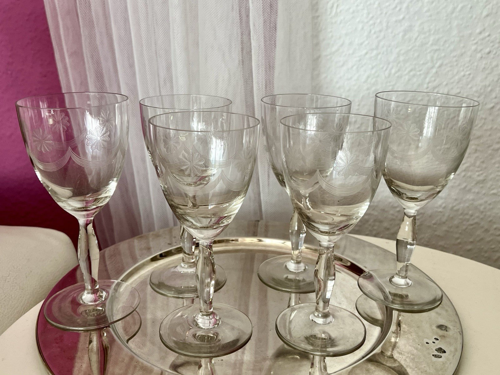 Antik 6 Weingläser Glas So Schön! guillochierte  Borte Edel