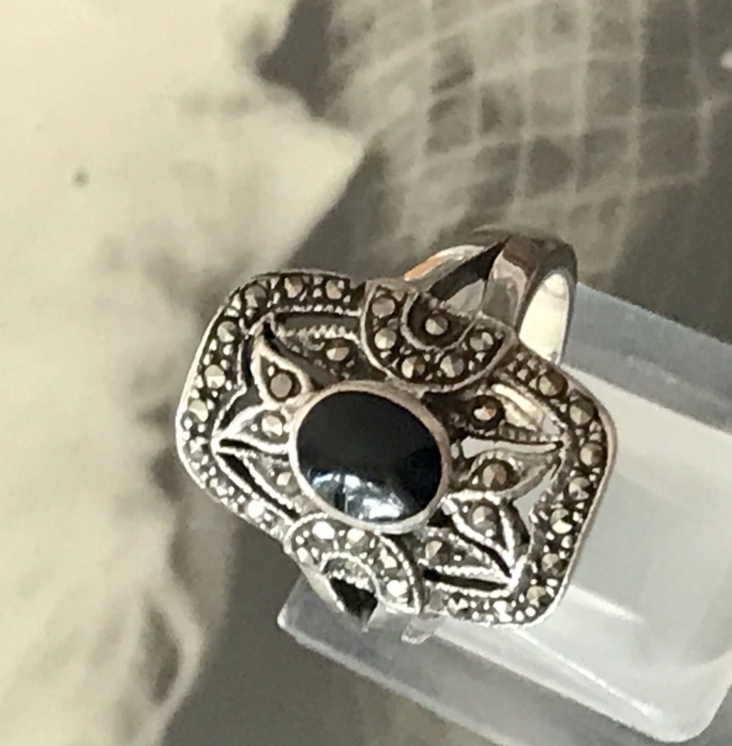 Antik Art Déco Damen Schiffchen Ring 925 Silber Gr.60 Onyx Markasite