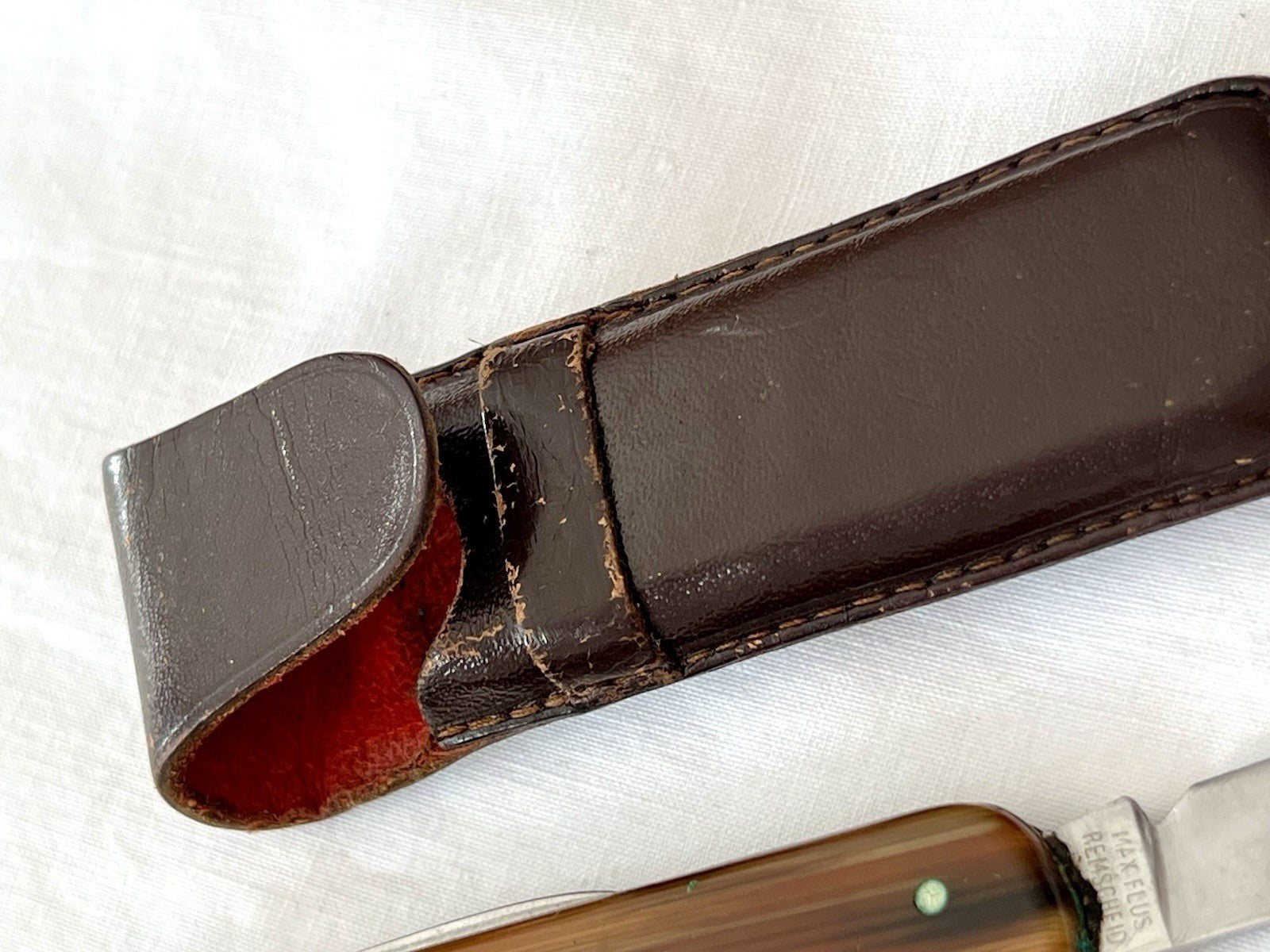 Antik Vintage Taschenmesser Klappmesser Jagdmesser Max Flus Remscheid Lederetui