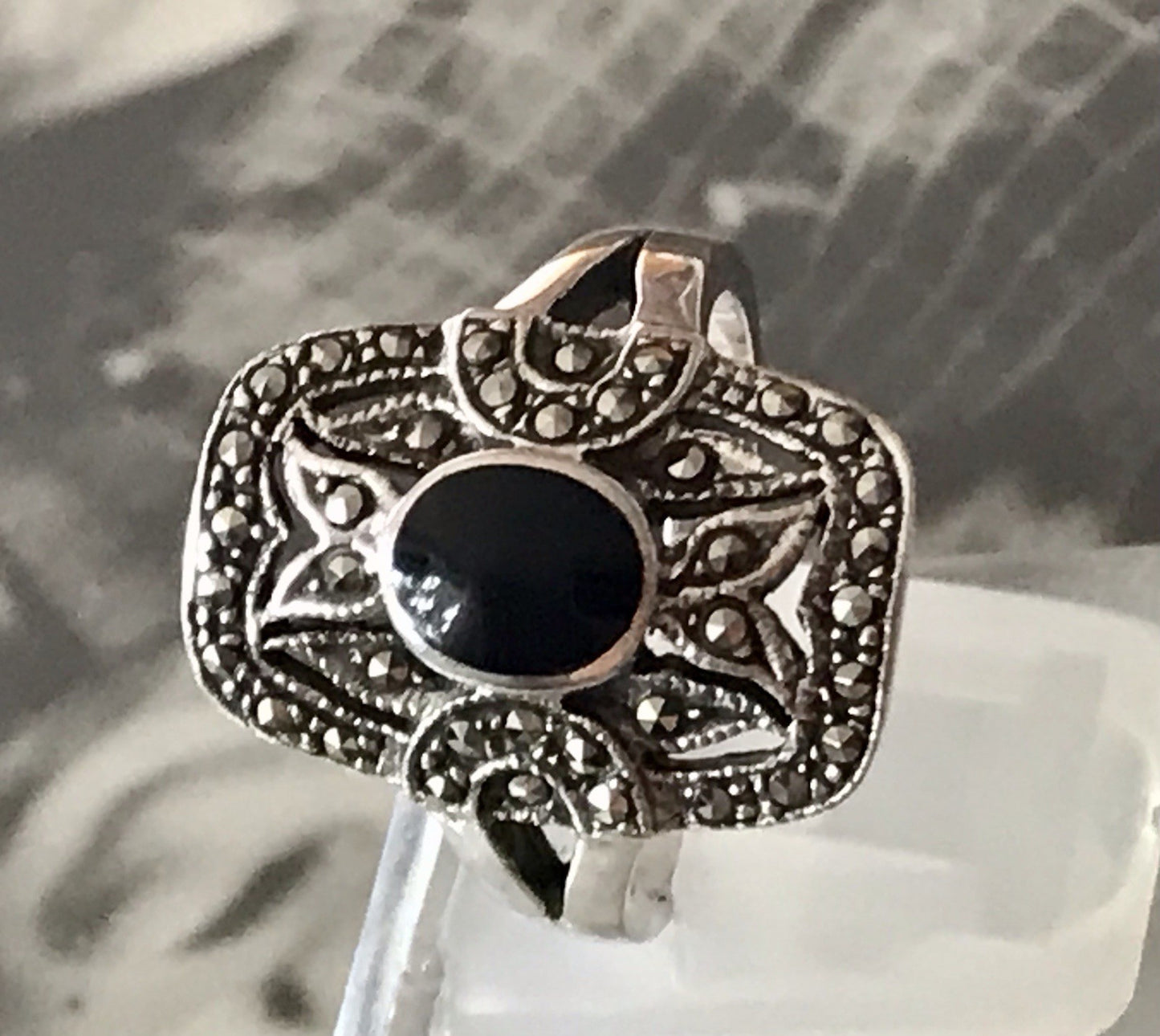 Antik Art Déco Damen Schiffchen Ring 925 Silber Gr.60 Onyx Markasite