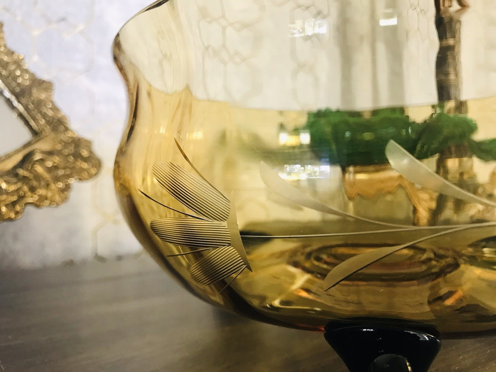 Antik Art Déco Schale Glasschale Bernstein Gelb schwarz Glas gerippt & Schliff