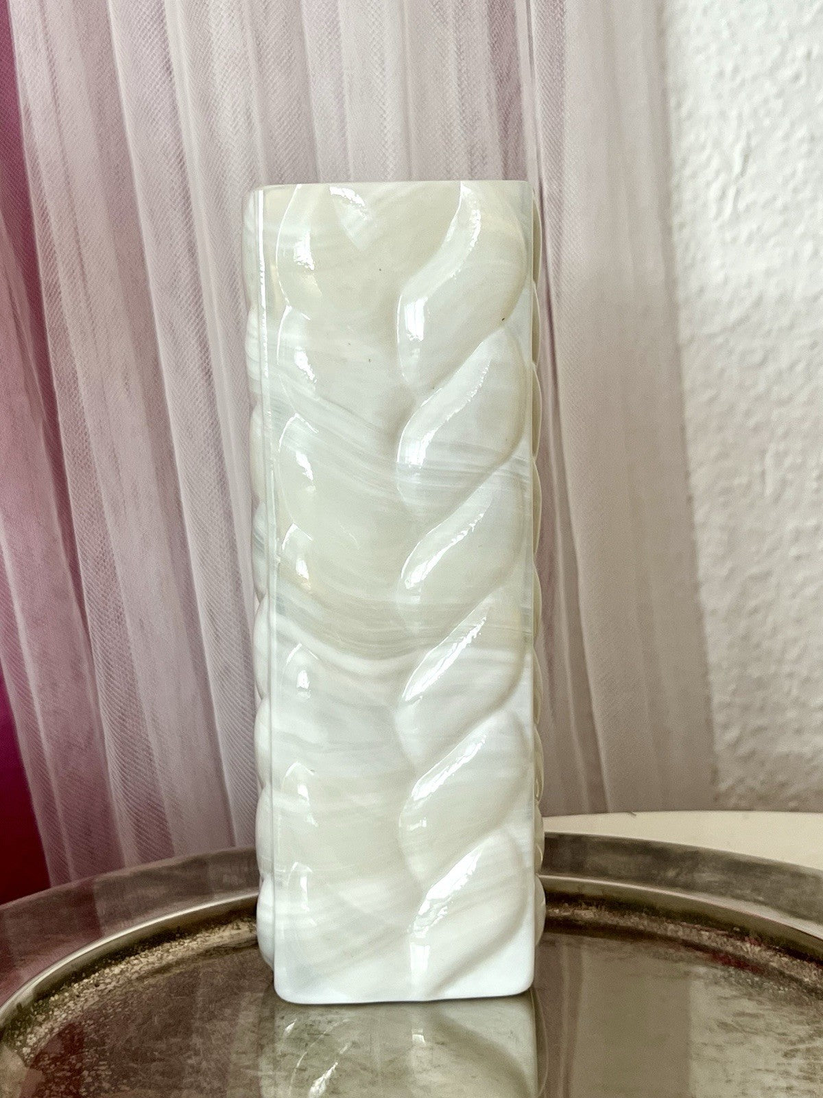 Vintage 60er Jahre MCM Glasvase Vase Glas Design Zopfmuster Blockvase weiß