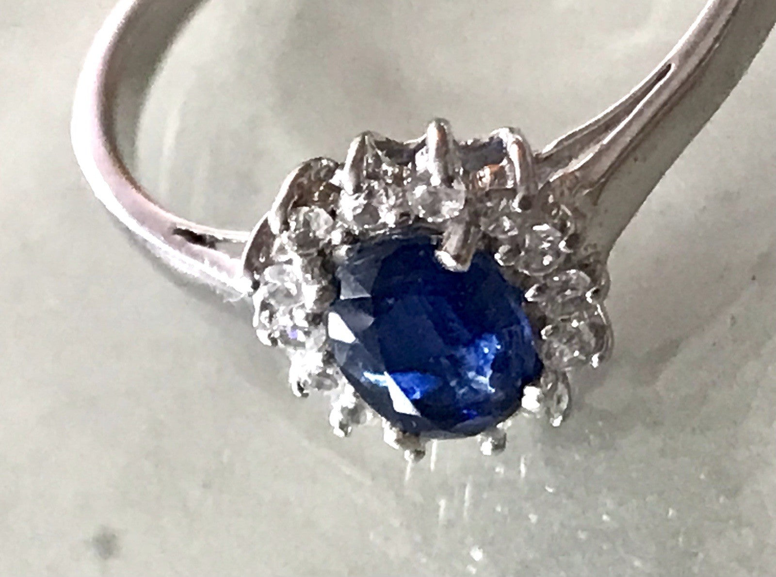 Vintage Entourage Halo Ring farblose Steine & Saphir Silber 925  ~Gr.62 63