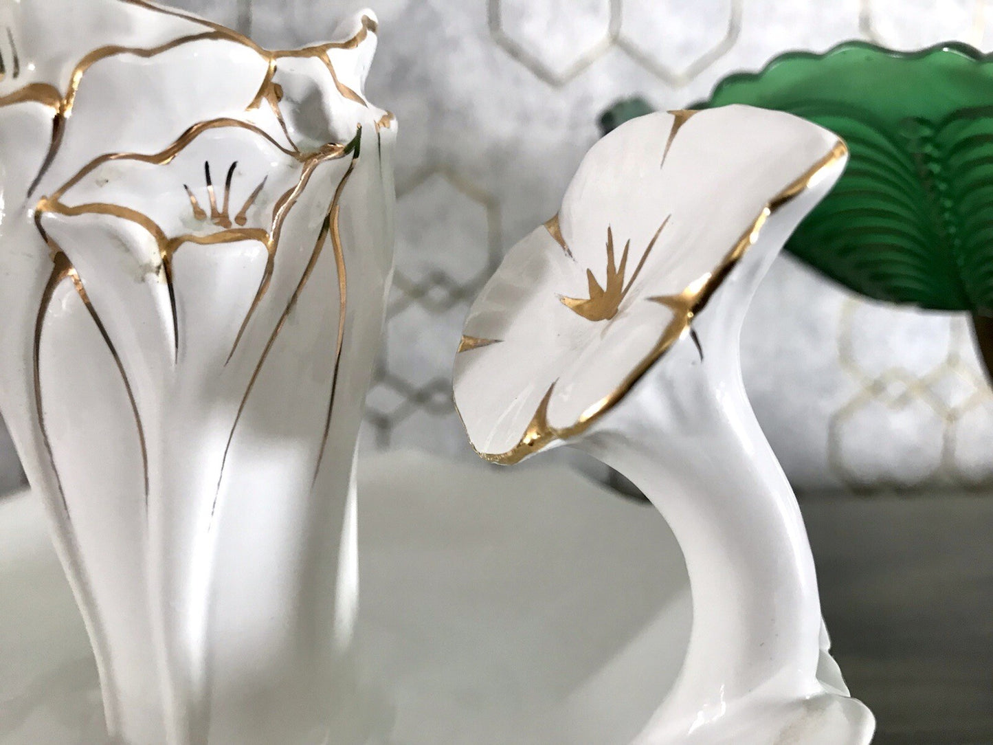 Antik reines Jugendstil Porzellan Kammerleuchter Leuchter weiß gold Libelle