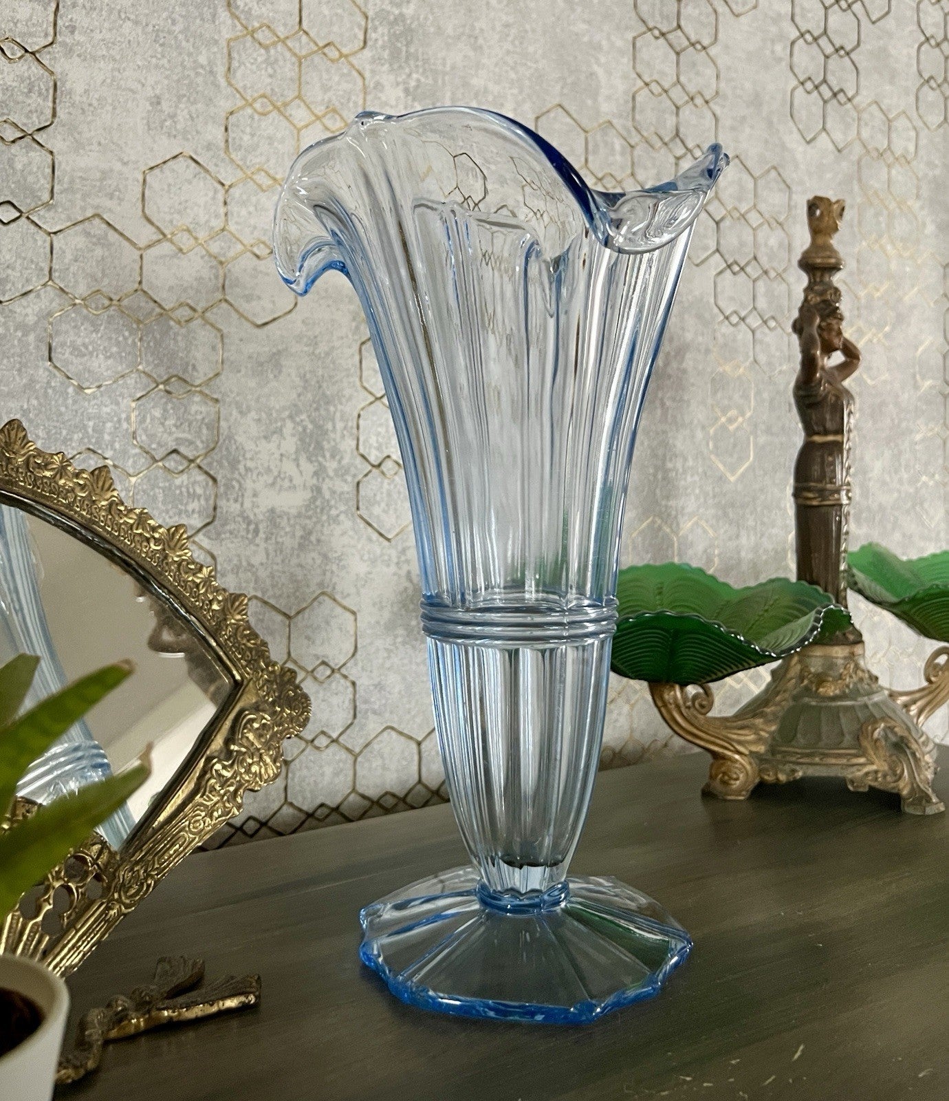 Antik Art Déco 1 GROẞ Bernsdorf Vase Glasvase Pressglas blau Glas RAR! asymmetr.