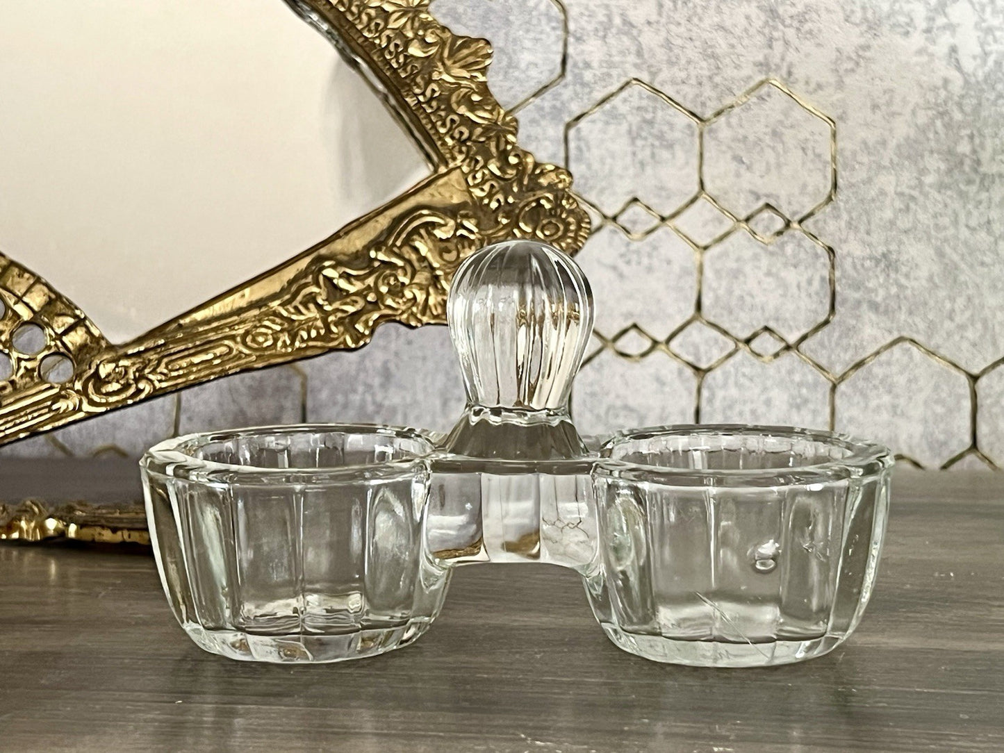 Antik Art Déco Pressglas Salz & Pfeffer Menage Saliere Gewürzständer Glas