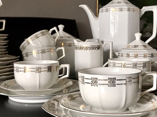 Antik Art Déco Porzellan 11 Personen Kaffeeservice EDEL Goldrand Golddekor