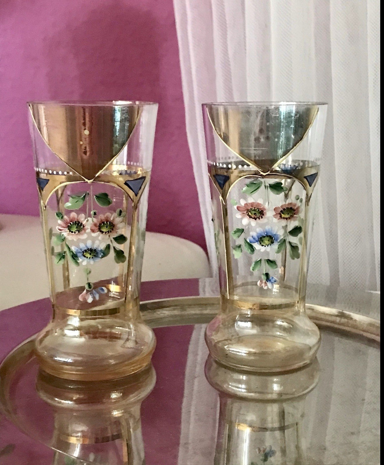 Antik Jugendstil Emaile -Malerei Glas Fußbecher Becher Pokal Bierglas irisierend