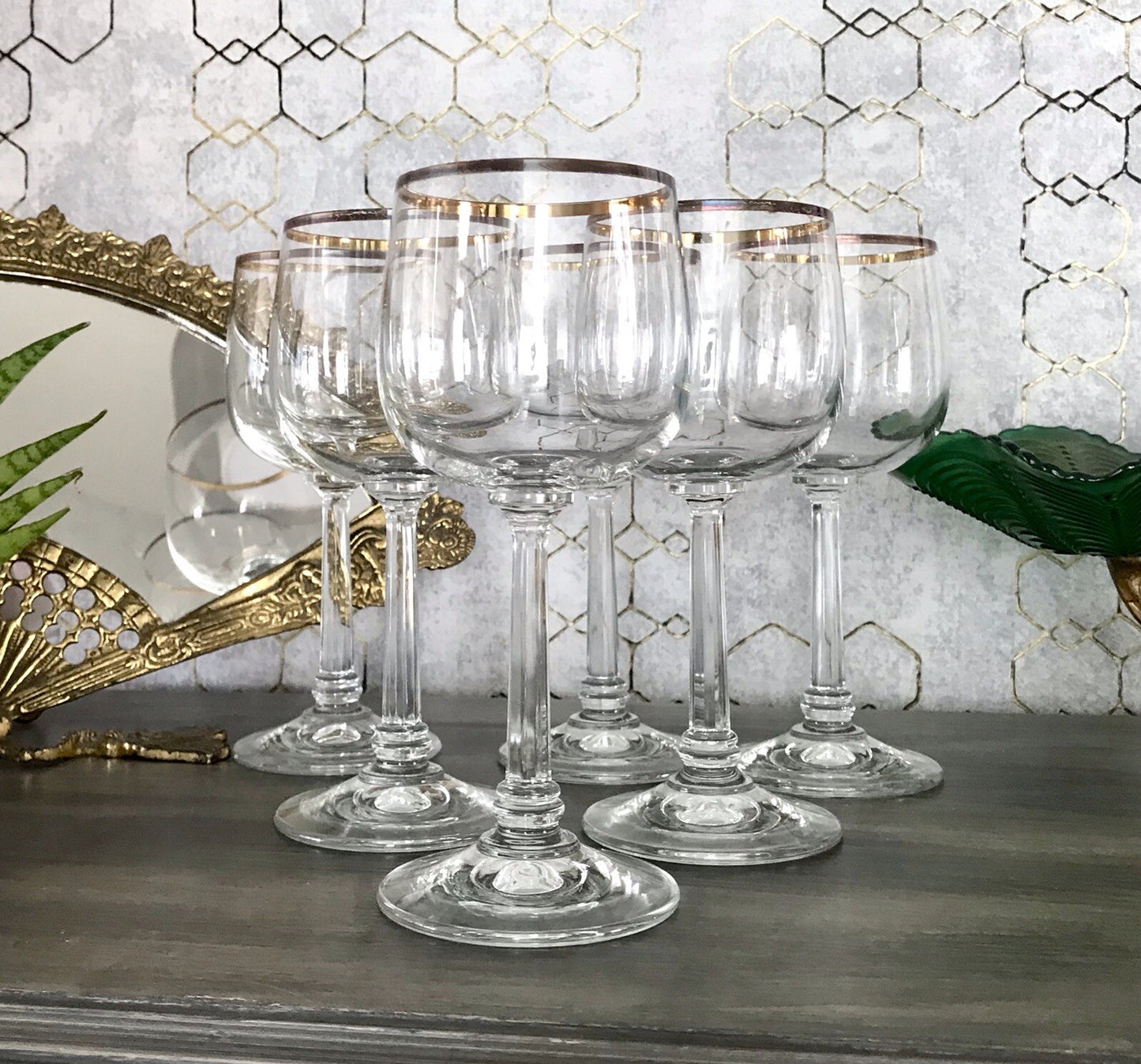 Art Déco Stil 6 Gläser Weingläser Rotweingläser Glas Goldrand Lausitzer