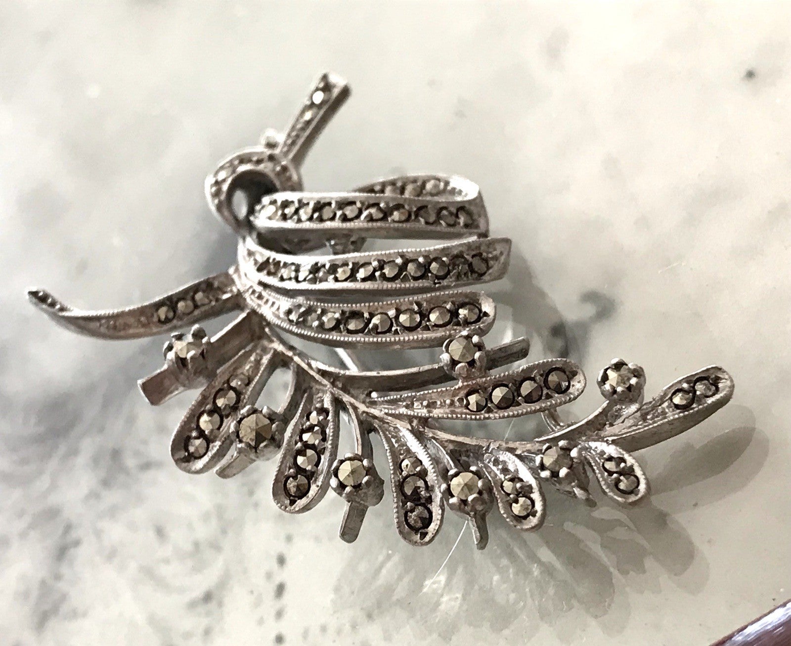 Antik Art Déco Edel prachtvoll Brosche Silber 835 Markasite