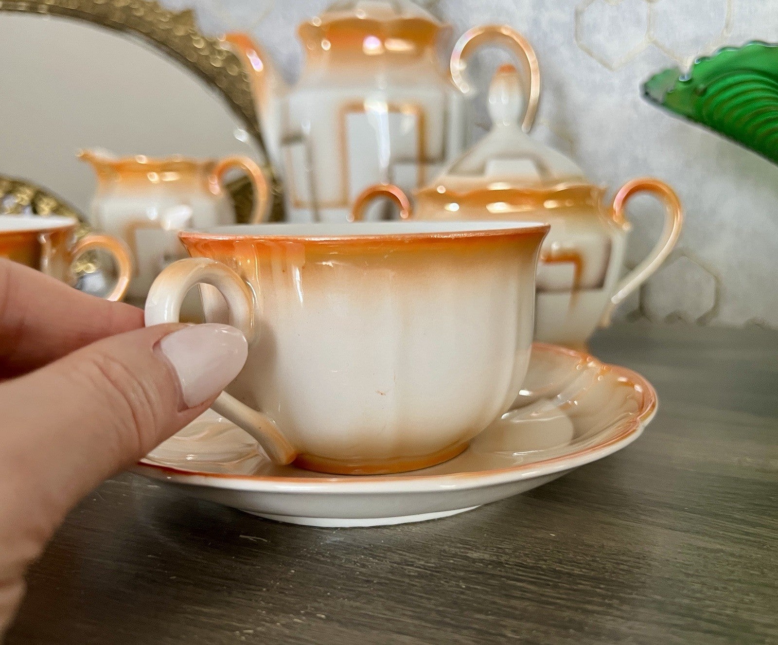 Antik Art Déco Porzellan Kaffeeservice Spritzdekor Bauhaus Teté a Téte 2 Pers.