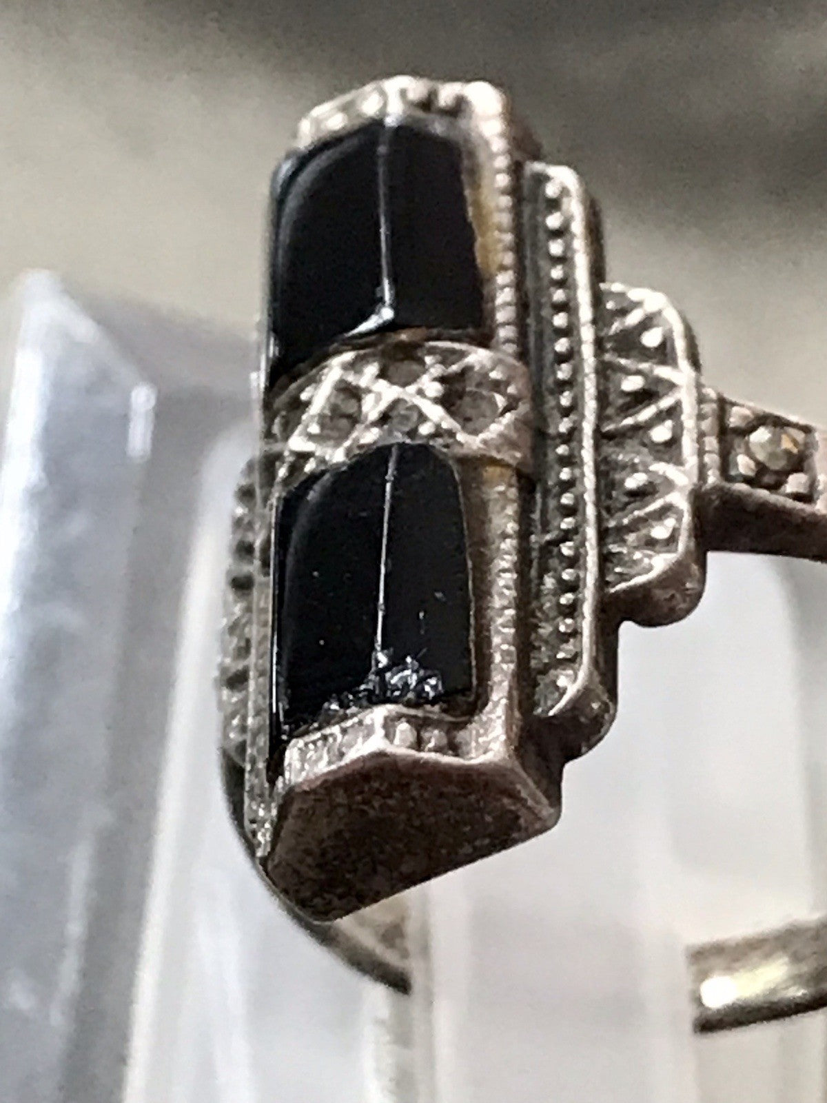 Antik Art Déco Damen Schiffchen Ring Onyx 925 Silber Gr.56 Markasite 18,1
