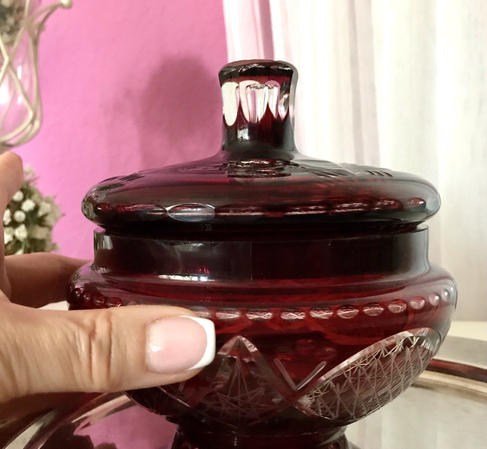 Vintage EDEL Glasdose Deckeldose Bonboniere Kristallglas Schliff Rubin Rot