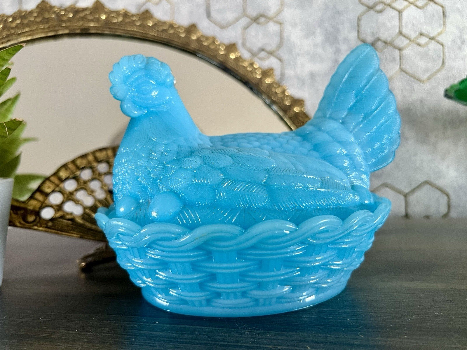 Antik Jugendstil Glasdose Dose Opalglas Deckeldose Pressglas Henne Blau