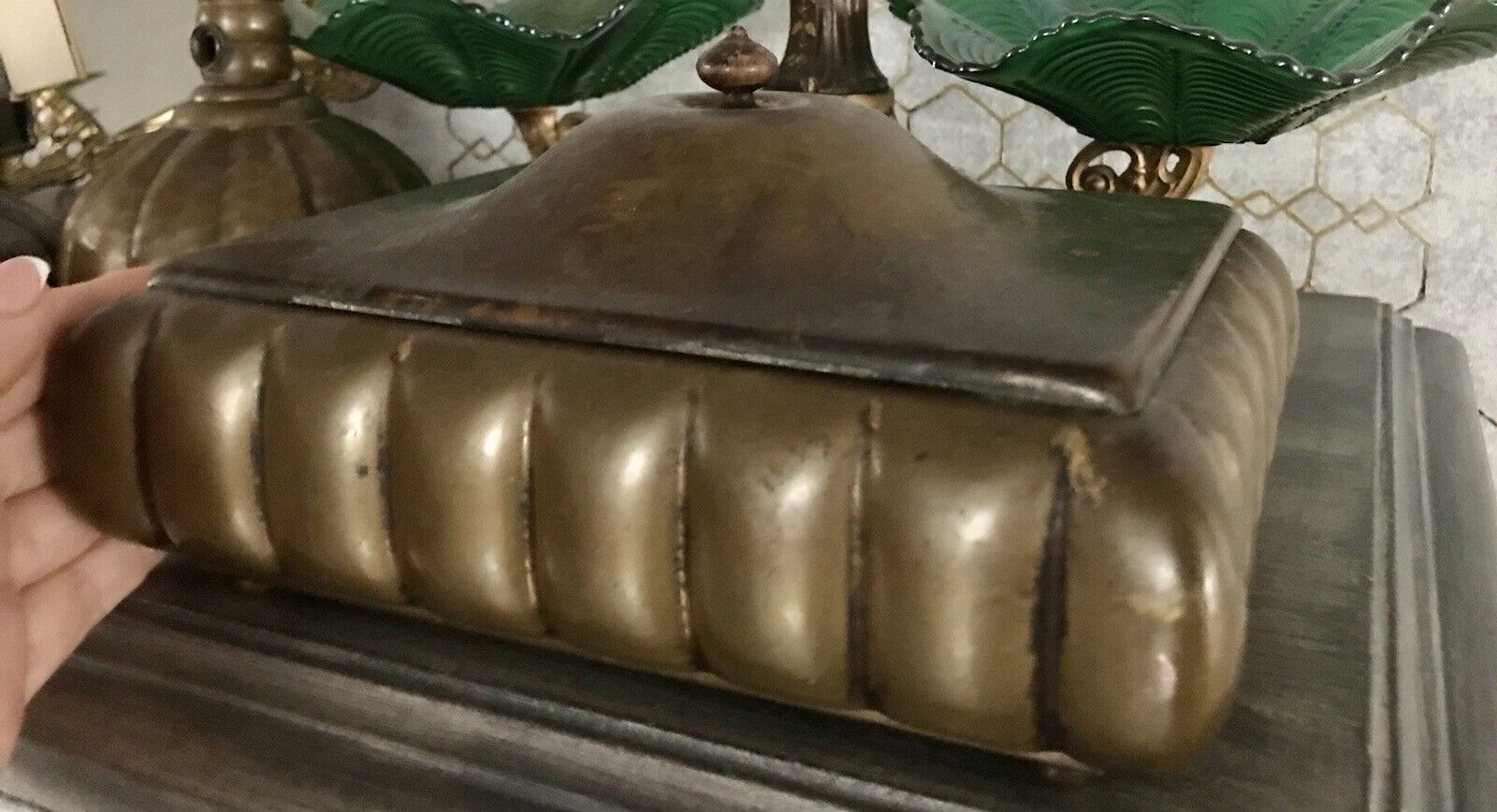 Antik Art Déco Raucherset Zigarren Dose Schneider Aschenbecher Messing