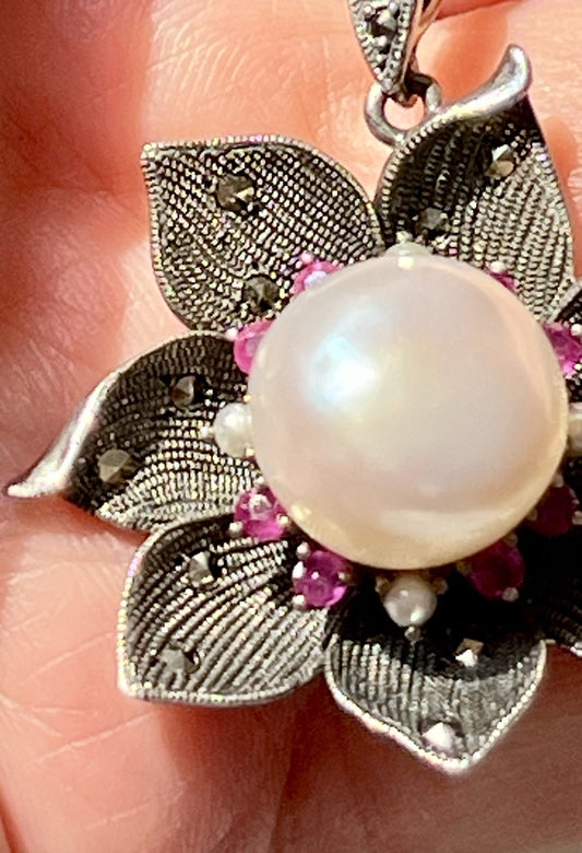 GROß rund Kettenanhänger Anhänger 925 Silber Perle Rubine Markasite Orchidee