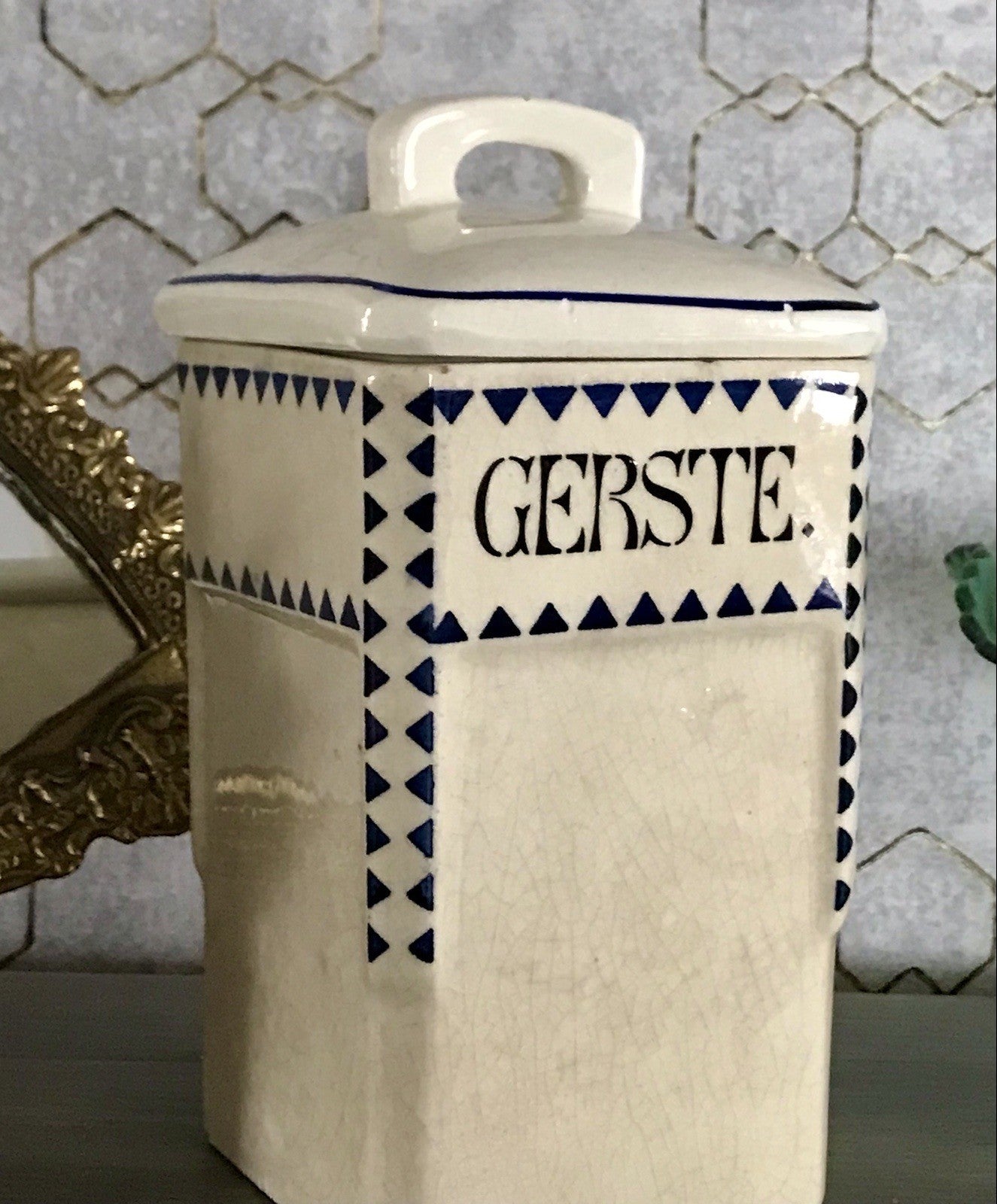 Antik Jugendstil Vorratsgefäß Gerste Gefäß Vorratsdose Porzellan creme blau