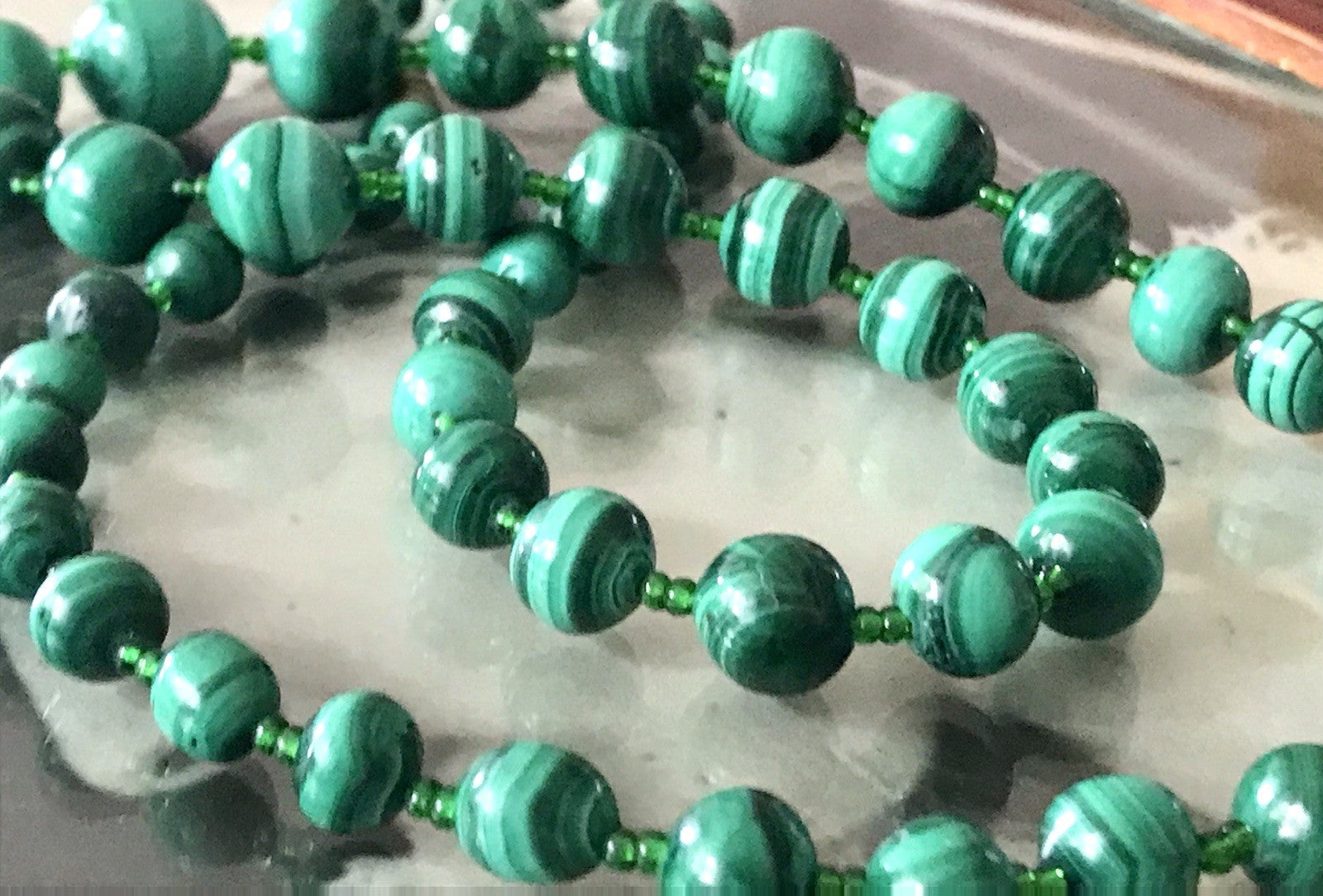 Alt Edel Vintage Halskette Kette Malachite grün Sehr Schön Retro