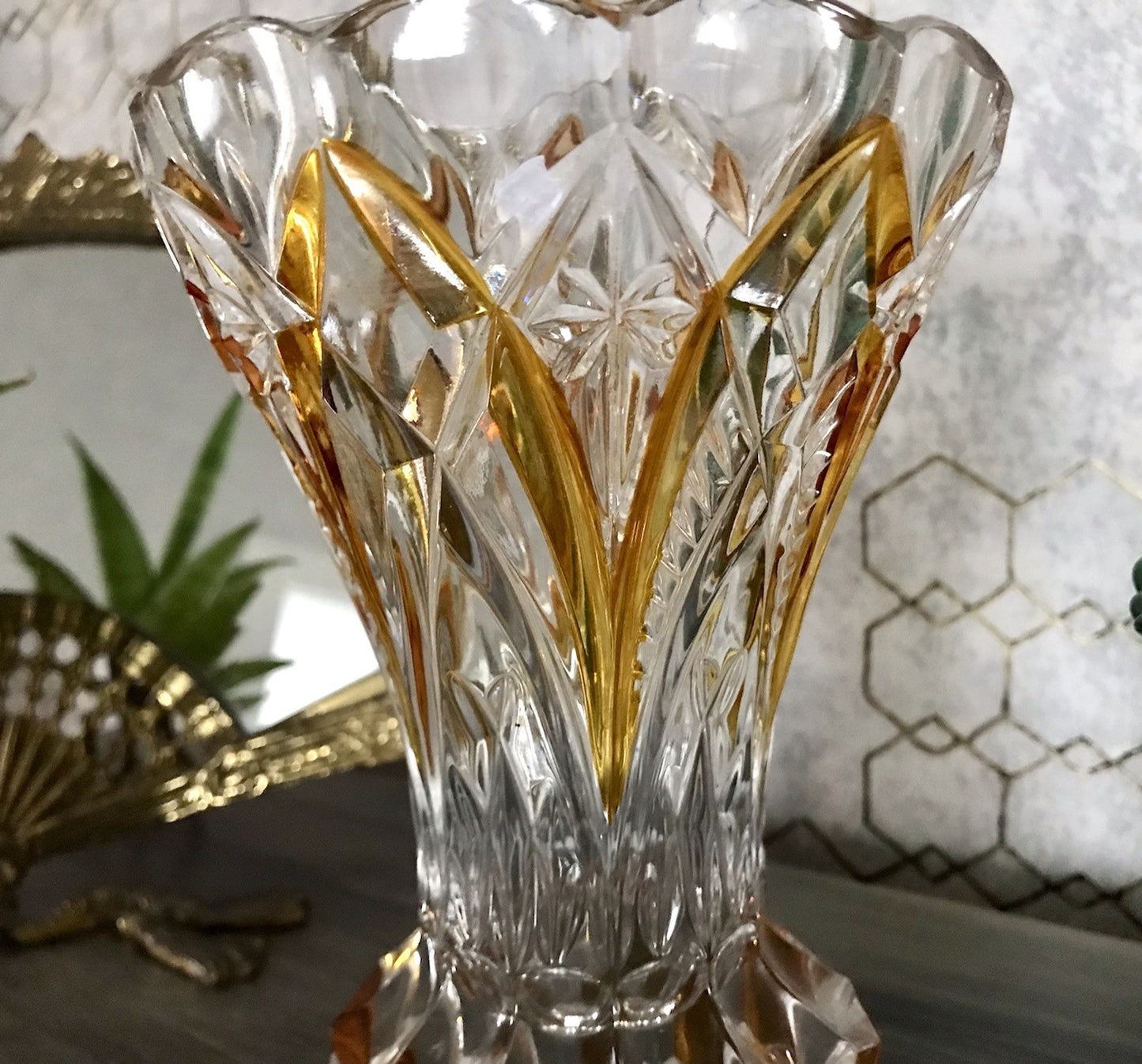 Antik alt Art Déco Stil Glasvase Bleikristall Vase Bernstein Gelbbeize Annahütte