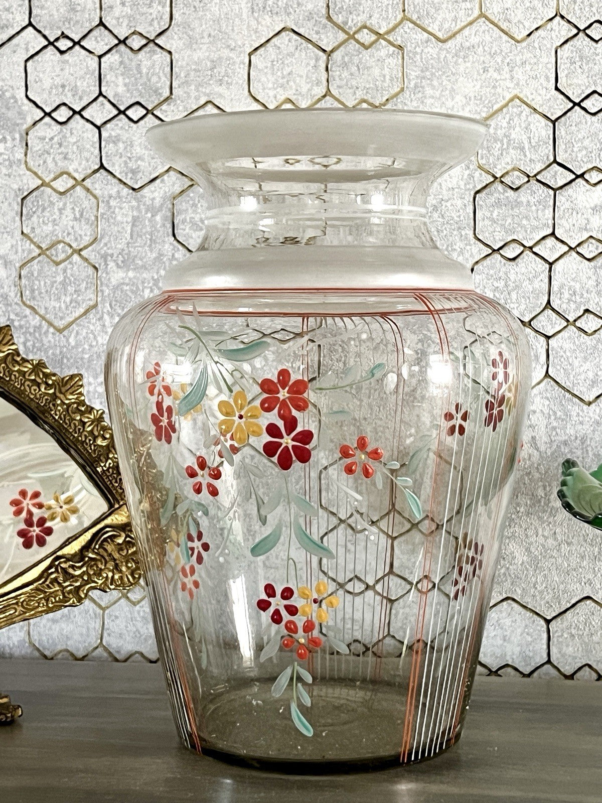 Antik GROẞ Vase Glasvase Art Déco teils satiniert bunte Malerei markant 1930er