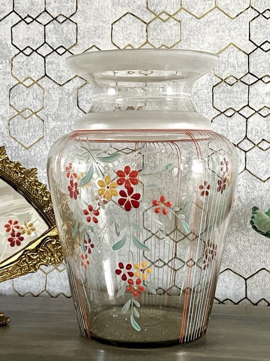 Antik GROẞ Vase Glasvase Art Déco teils satiniert bunte Malerei markant 1930er