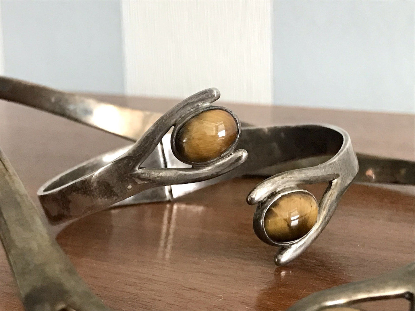 Vintage Set Halsreif Armspange Armband Collier 925 Silber Halskette Tigerauge