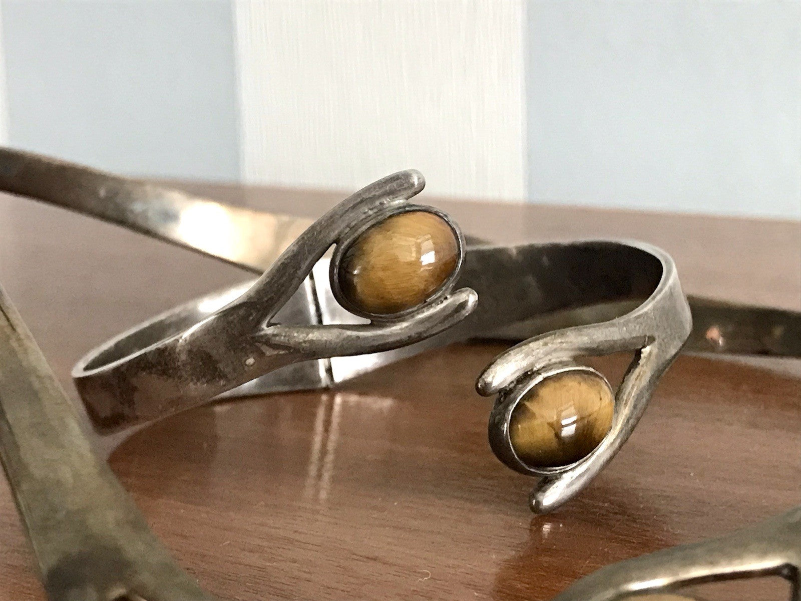 Vintage Set Halsreif Armspange Armband Collier 925 Silber Halskette Tigerauge