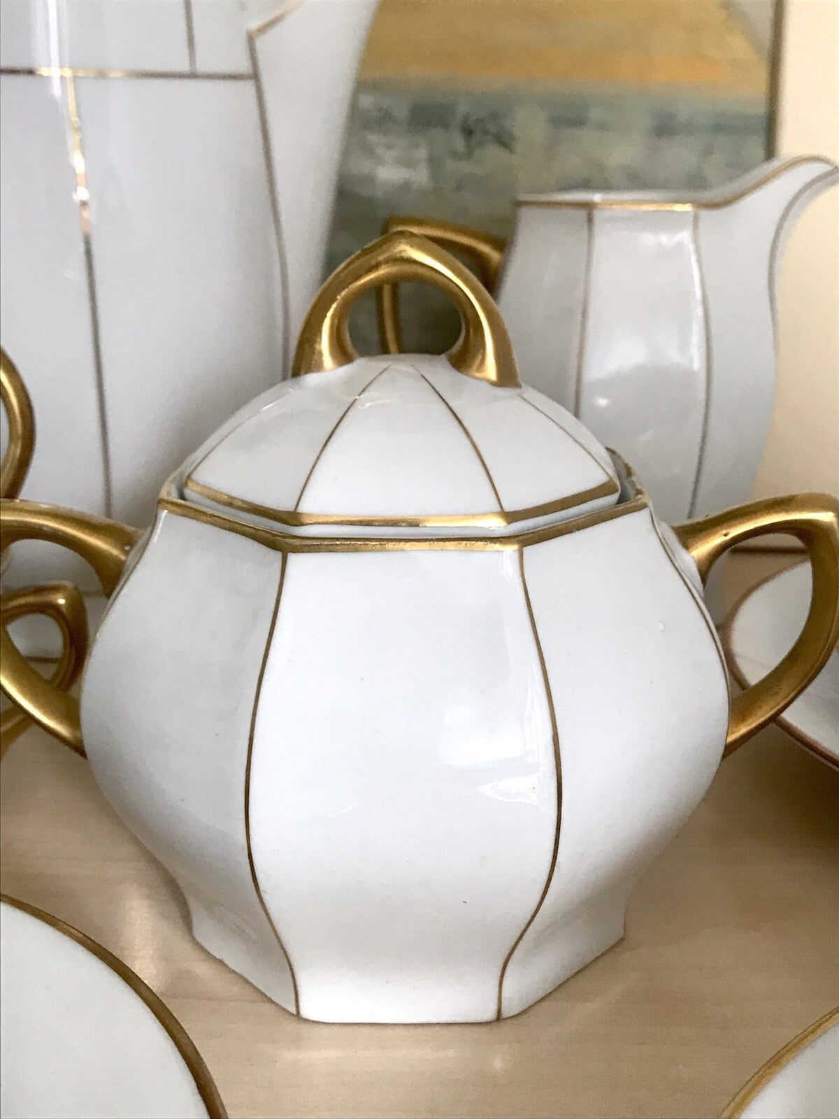 Antik Art Déco Porzellan 10+ Personen Kaffeeservice EDEL weiß Golddekor kantig