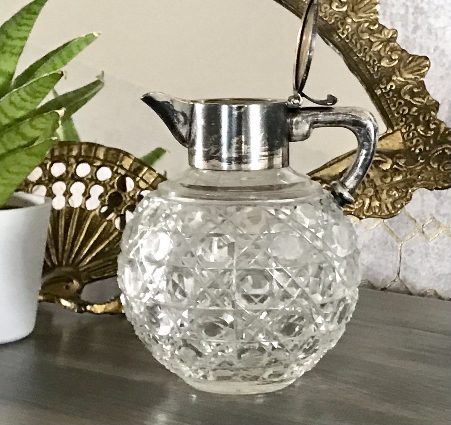 Antik EDEL Schliff Karaffe Kännchen Silber 800 Kristall Glaseinsatz Jugendstil