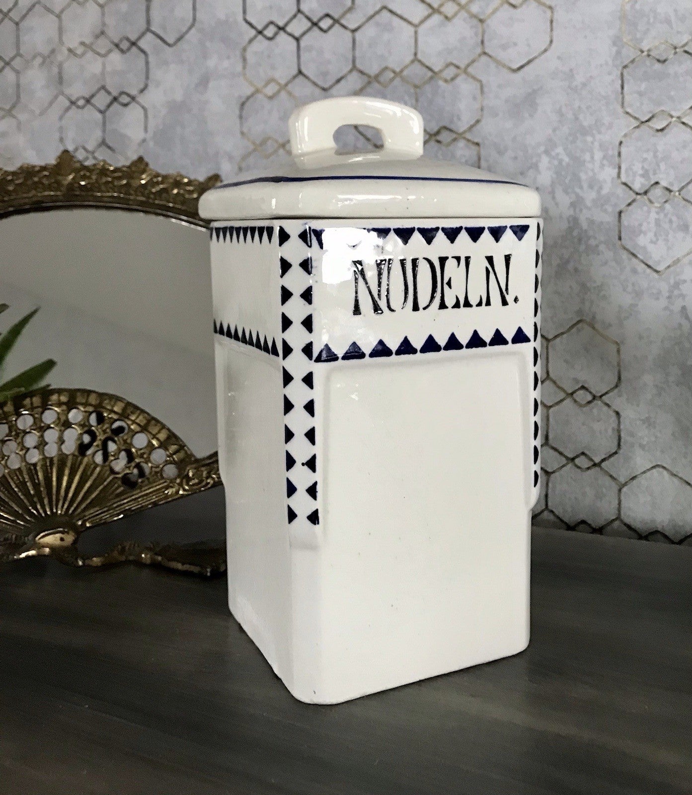 Antik Jugendstil Vorratsgefäß Nudeln Gefäß Vorratsdose weiß Porzellan creme blau