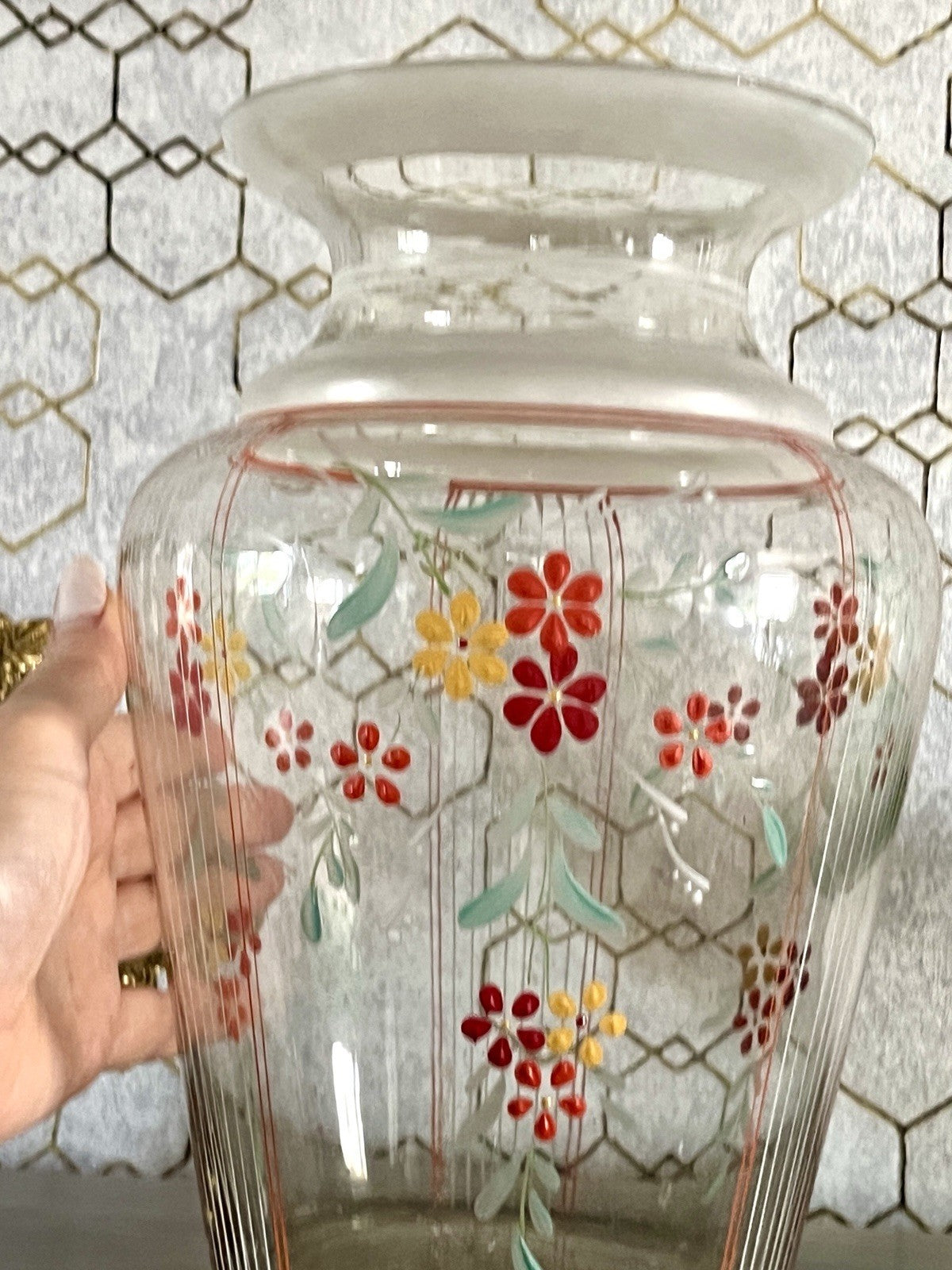 Antik GROẞ Vase Glasvase Art Déco teils satiniert bunte Malerei markant 1930er