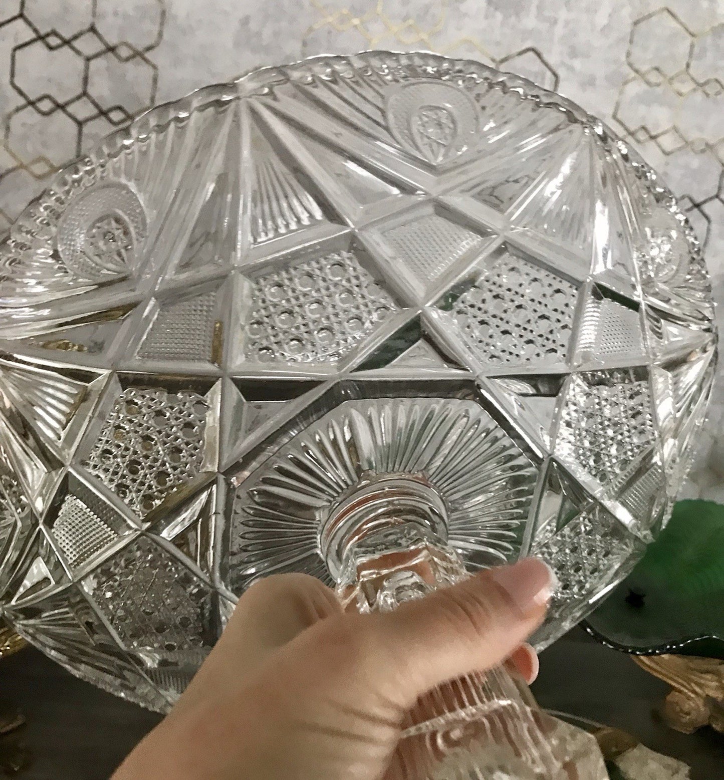 Antik Art Déco Pressglas Glas Schale Fußschale Tafelaufsatz Brockwitz Imperial
