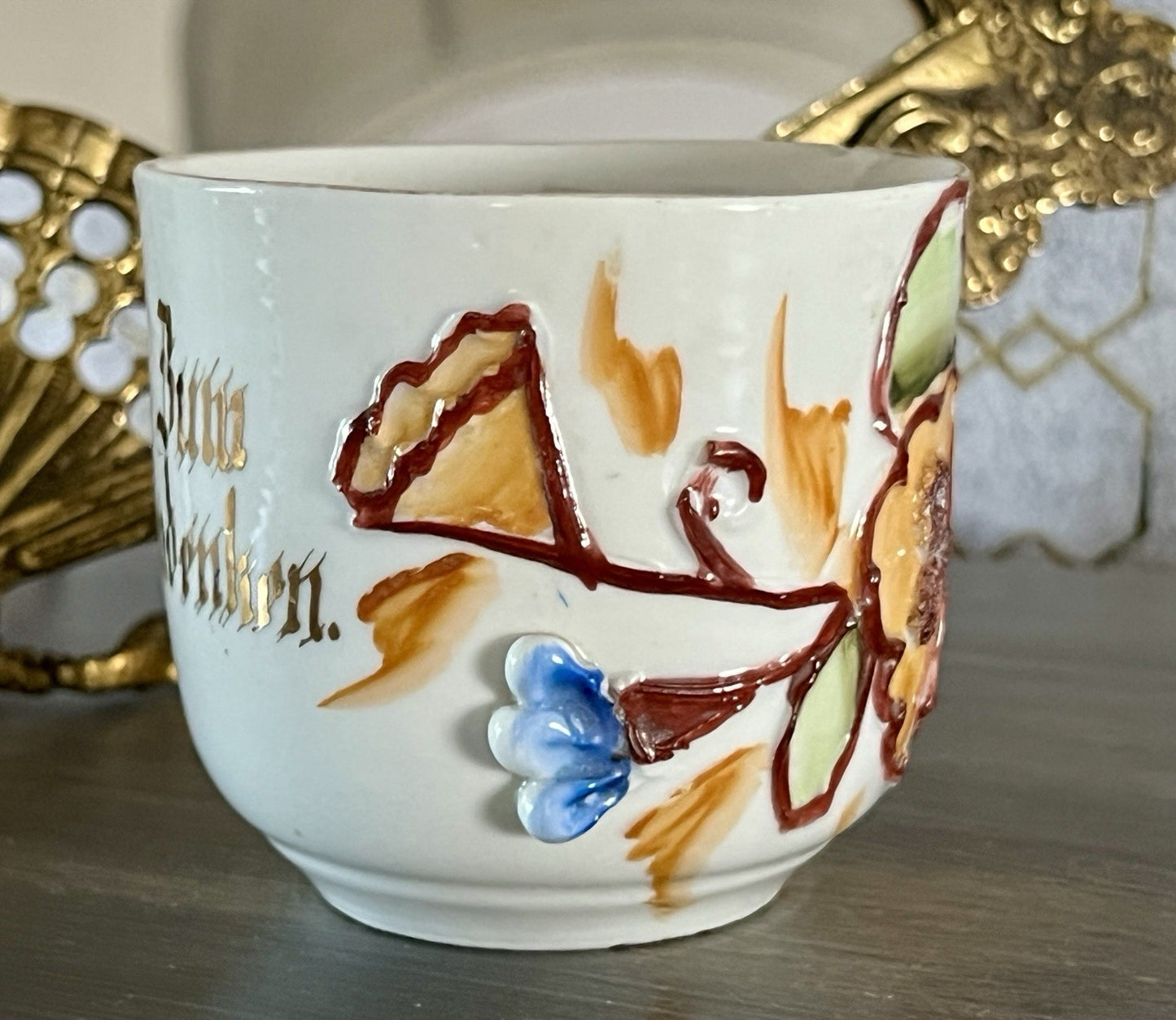 Antik Rosenhäferl Porzellan Andenken Tasse Zum Andenken Stucktasse Barttasse