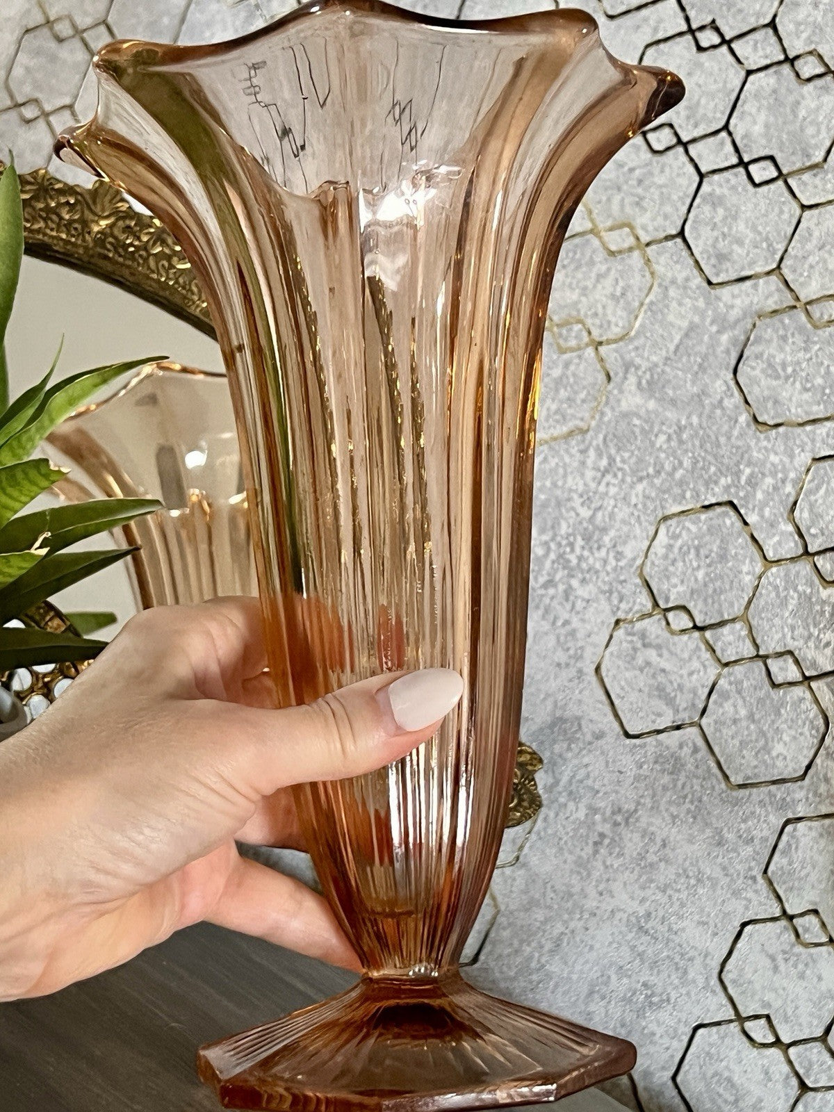 Antik Art Déco 1 GROẞ Vase Glasvase Pressglas Rosalin rosa  Glas