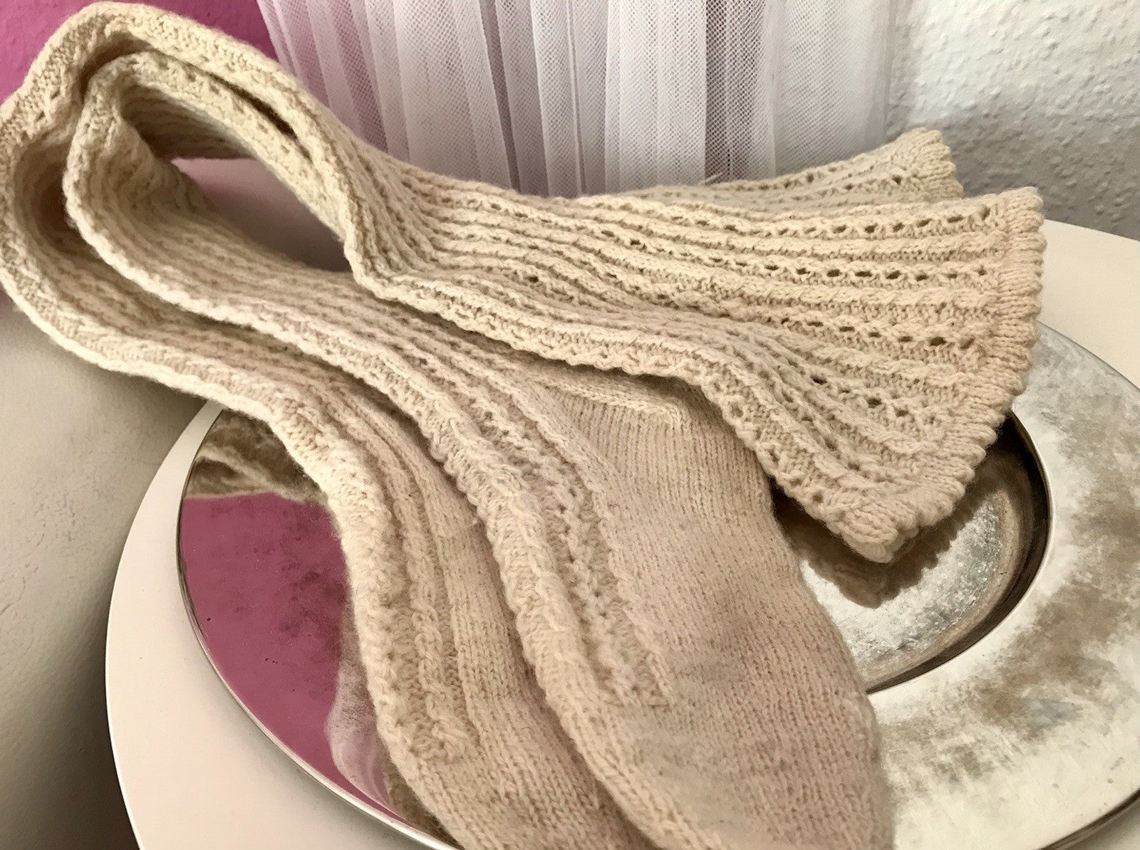 Antik Strümpfe Overkneestrümpfe Schaf-Wolle beige Trachten?