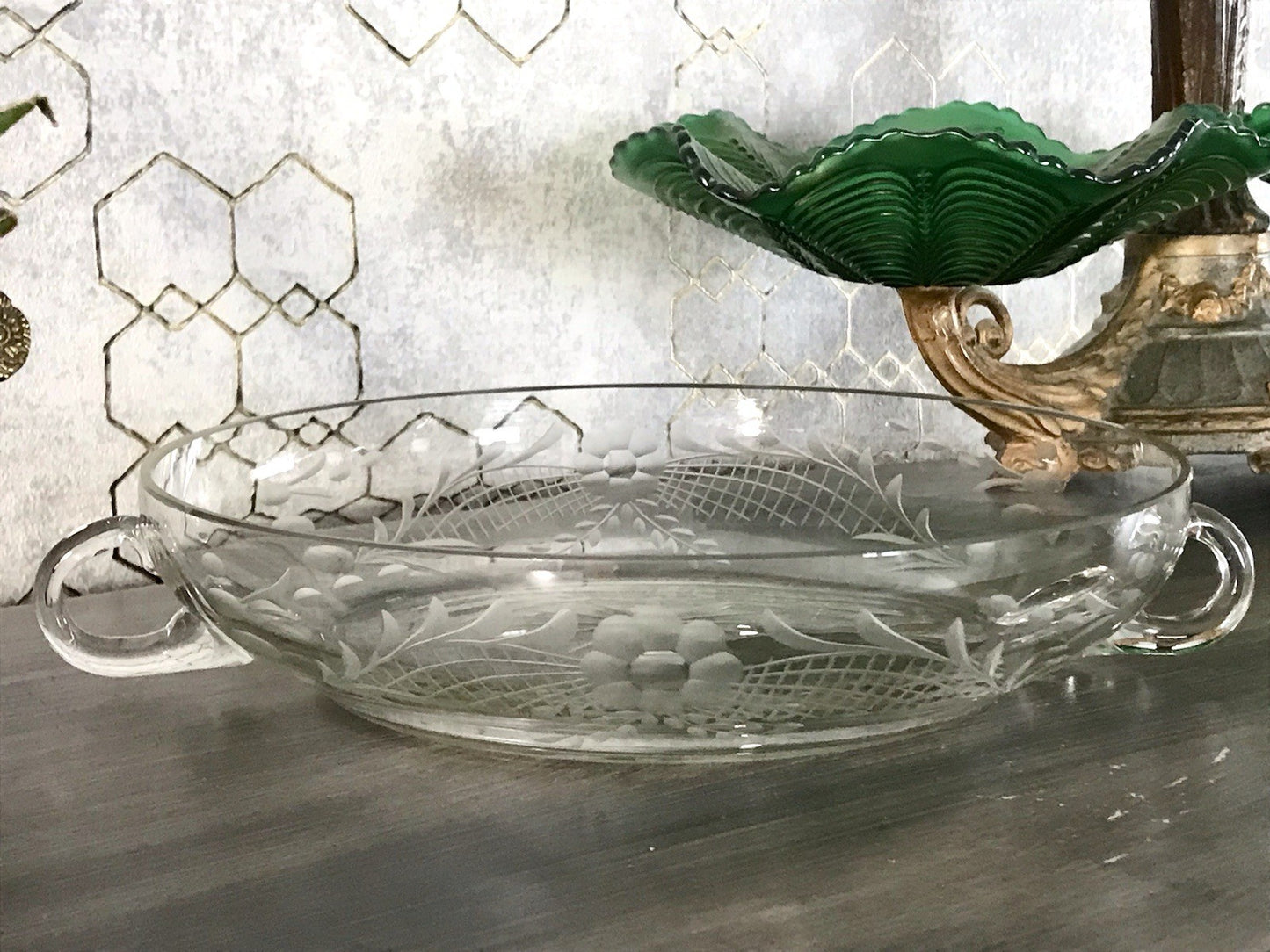 Antik EDEL Art Déco Schale Glasschale mundgeblasen geschliffen mit Henkeln