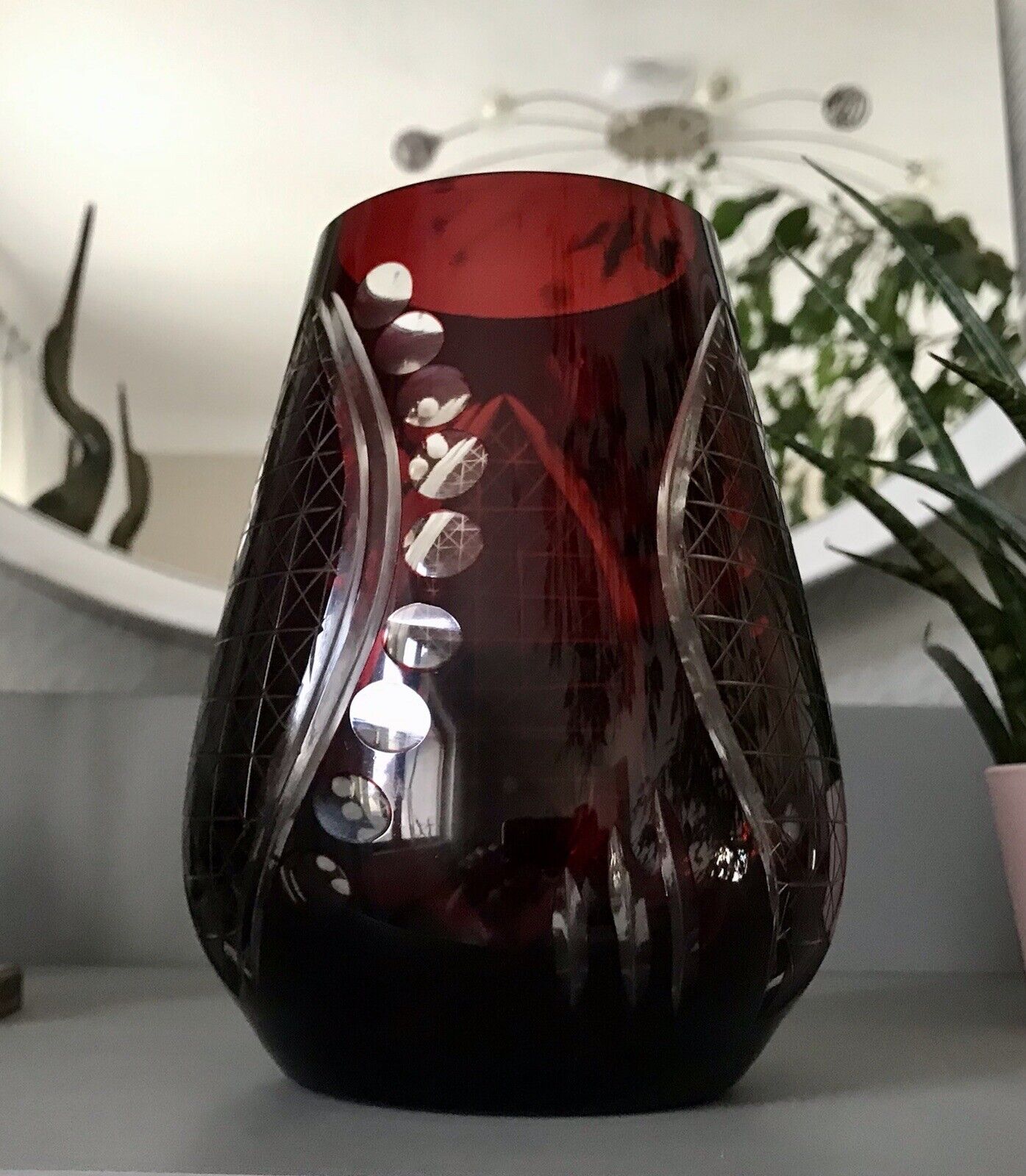 Antik alt Art Déco rubin rot geschliffen Überfangglas Vase Glasvase geschliffen