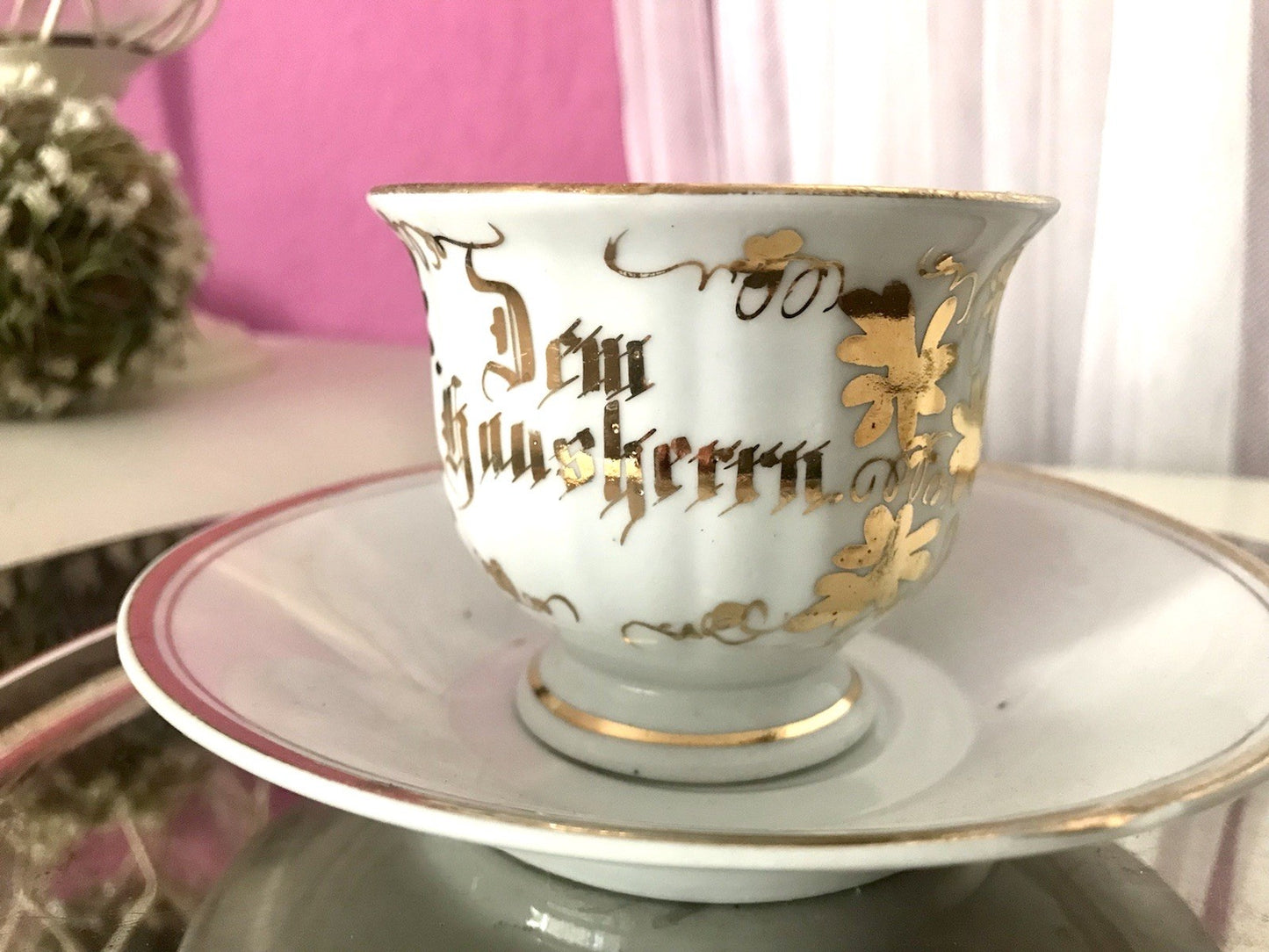 Antik Porzellan Andenken Becher Gedeck Sammeltasse Tasse „Dem Hausherrn“