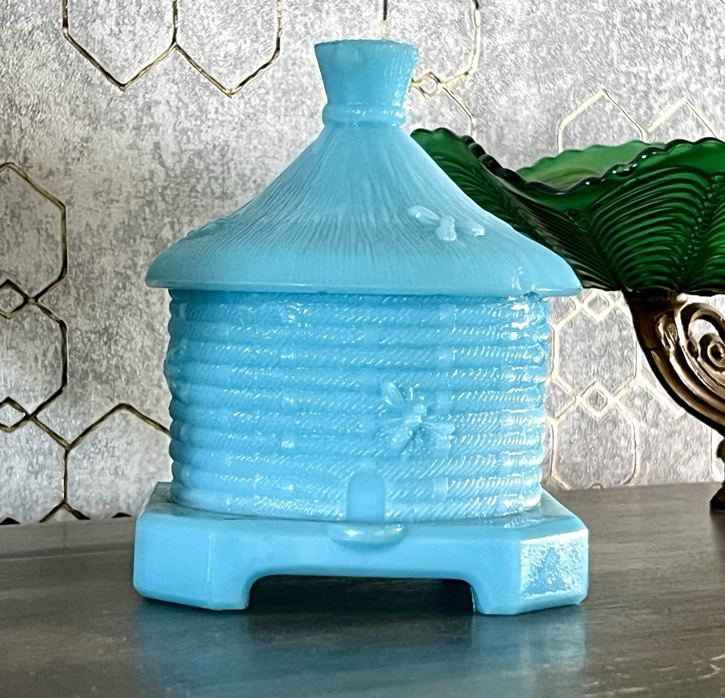 Antik Portieux 1900 Bienenstock Glasdose Dose Opalglas Deckeldose blau Pressglas