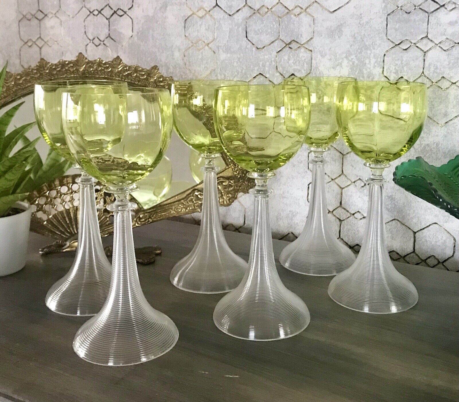 Antik Glas 6x Römer Weingläser Jugendstil Theresienthal ? optisch gerippt grün