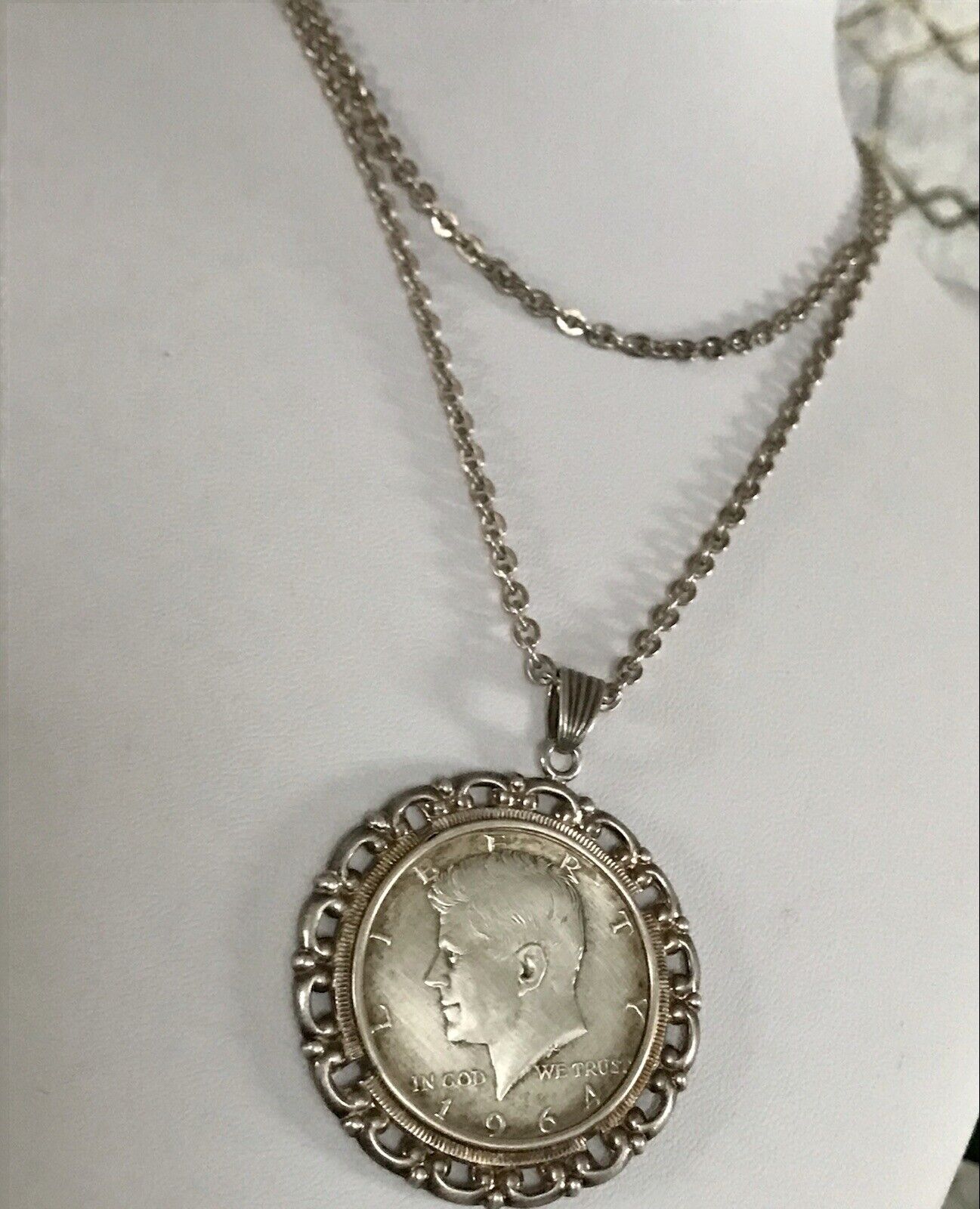 Vintage Halskette Kette Kennedy Münzanhänger Anhänger Kettenanhänger Silber 835